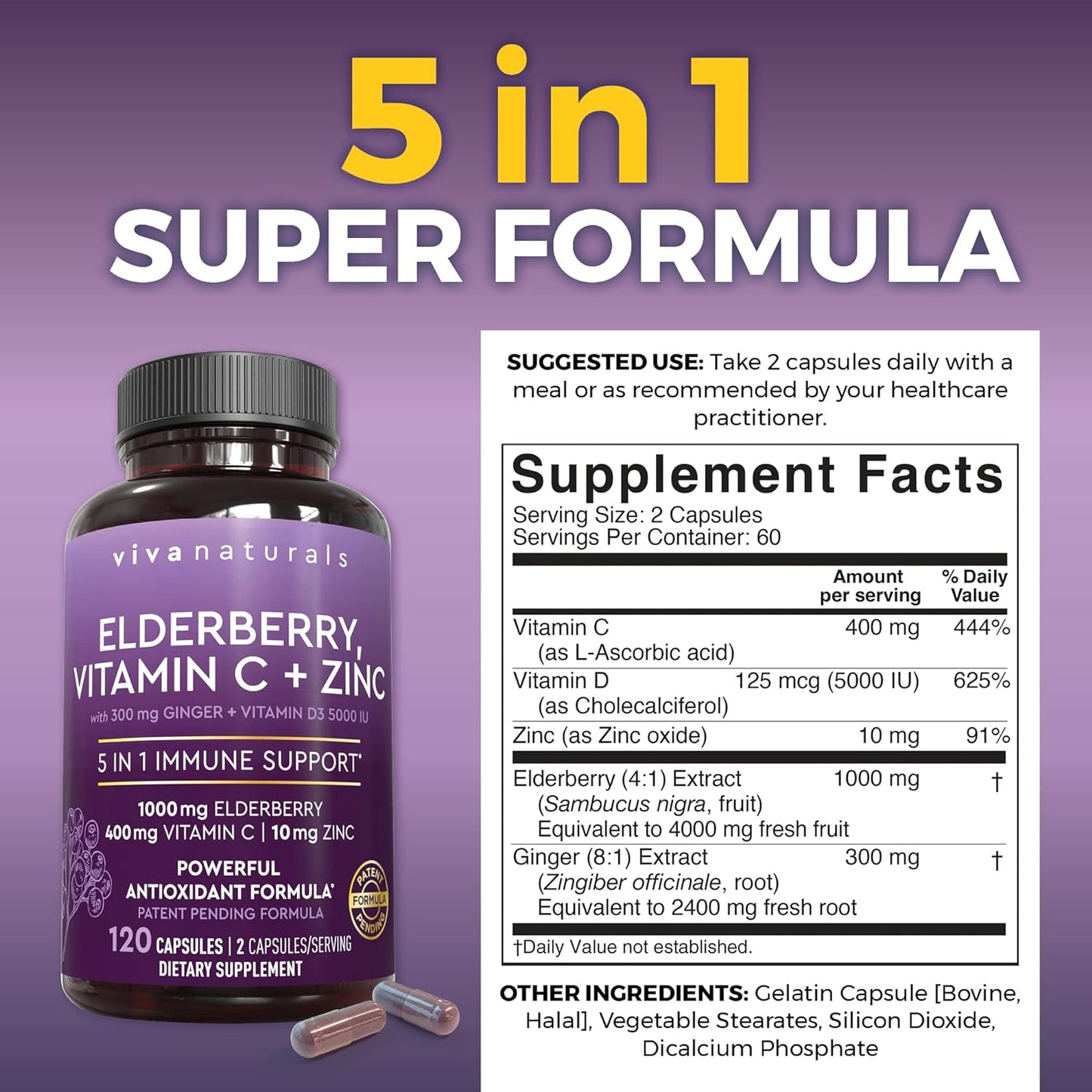 Viva Naturals Elderberry with Vitamin C and Zinc for Adults 120 capsules