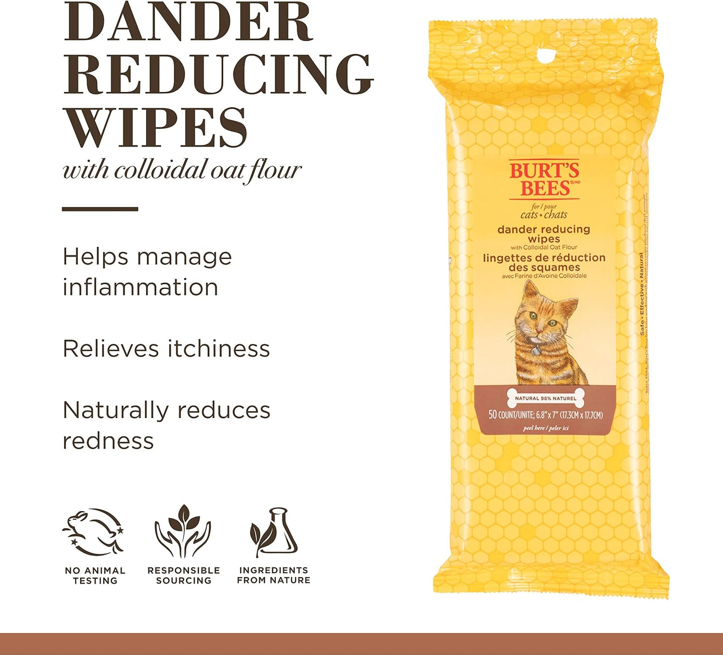 Burt's Bees for Pets Cat Dander Remover Wipes - 50 Count - 3 Pack
