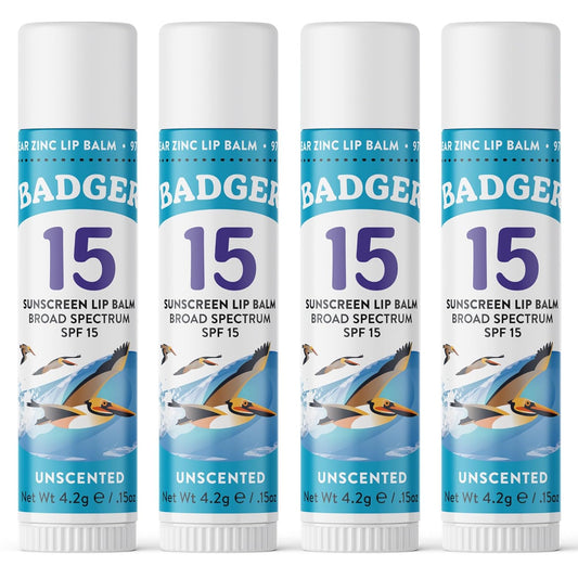 Badger Mineral Sunscreen Lip Balm SPF 15, .15 oz 4-Pack