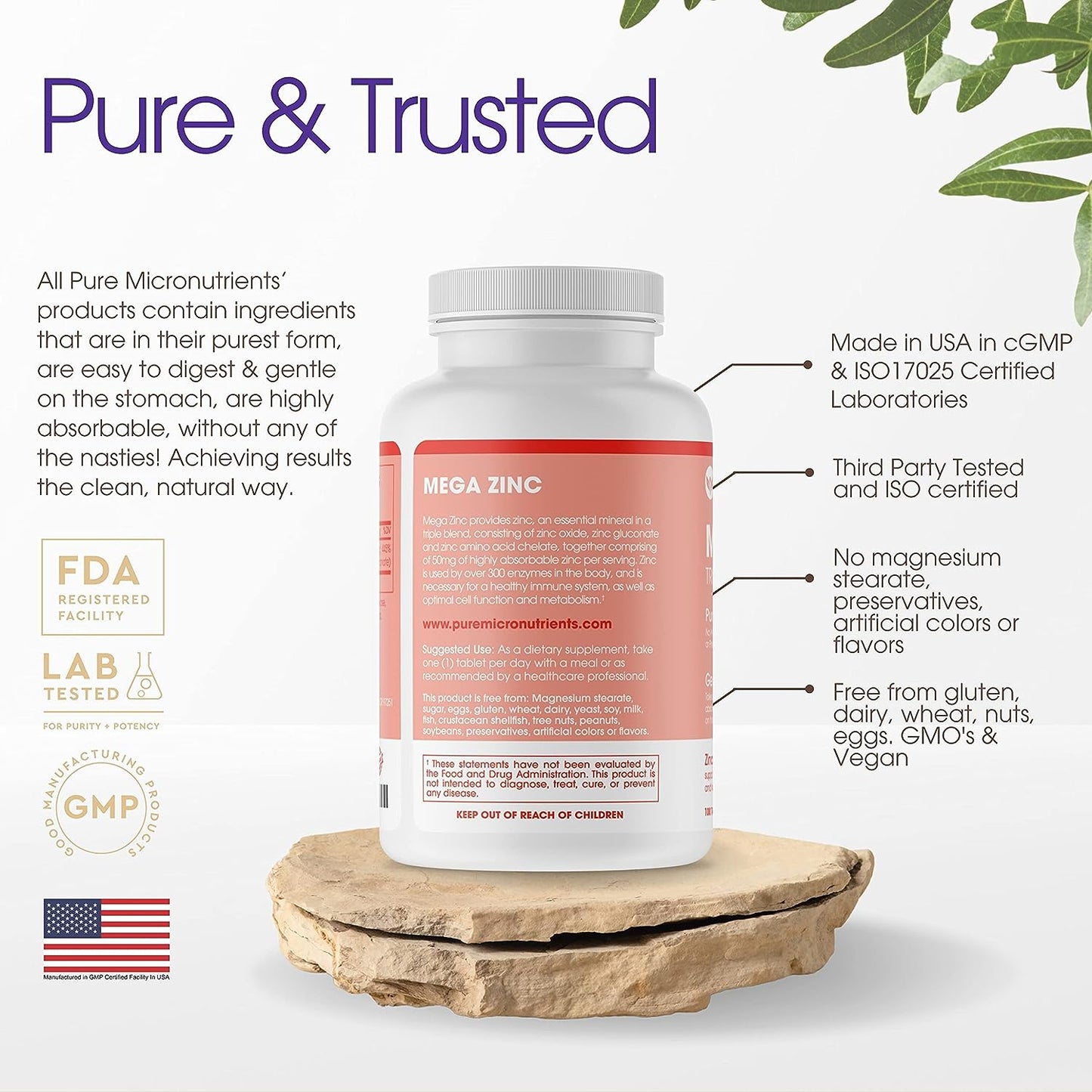 Mega Zinc Supplement, 50mg - 3-in-1 Zinc Complex - 100 Tablets