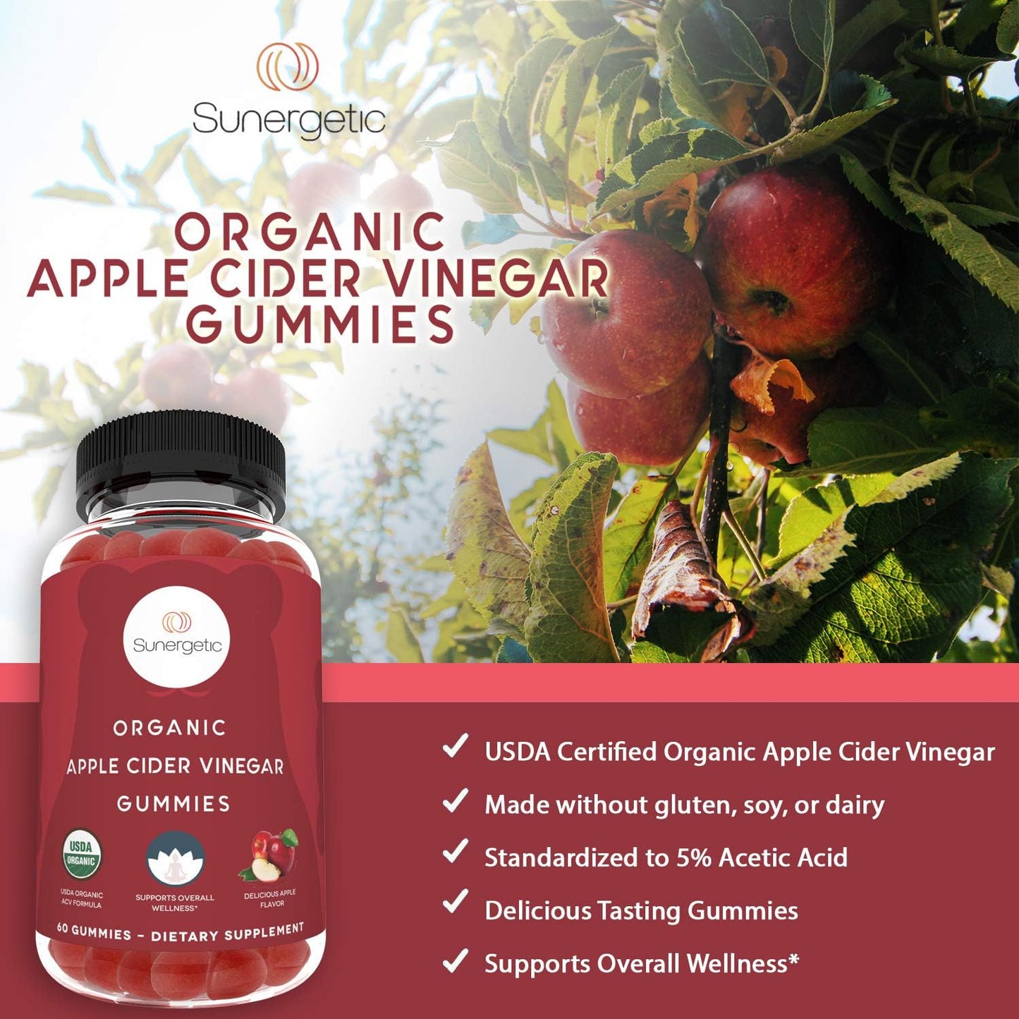 Sunergetic USDA Organic Apple Cider Vinegar Gummies with The Mother -60 gummies