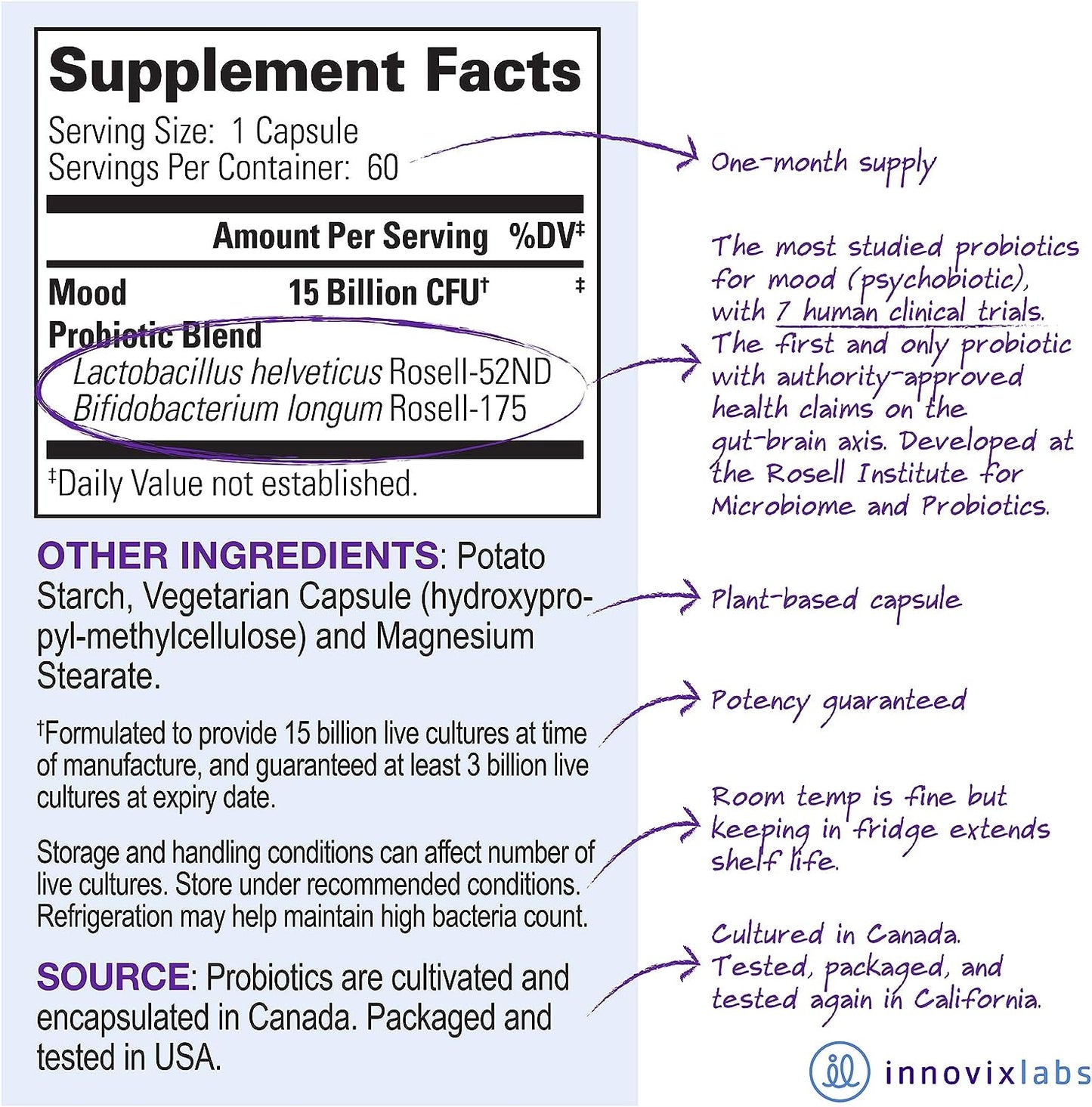 InnovixLabs 1st Probiotic Formula Clinically Studied for Mood Support 60 capsules