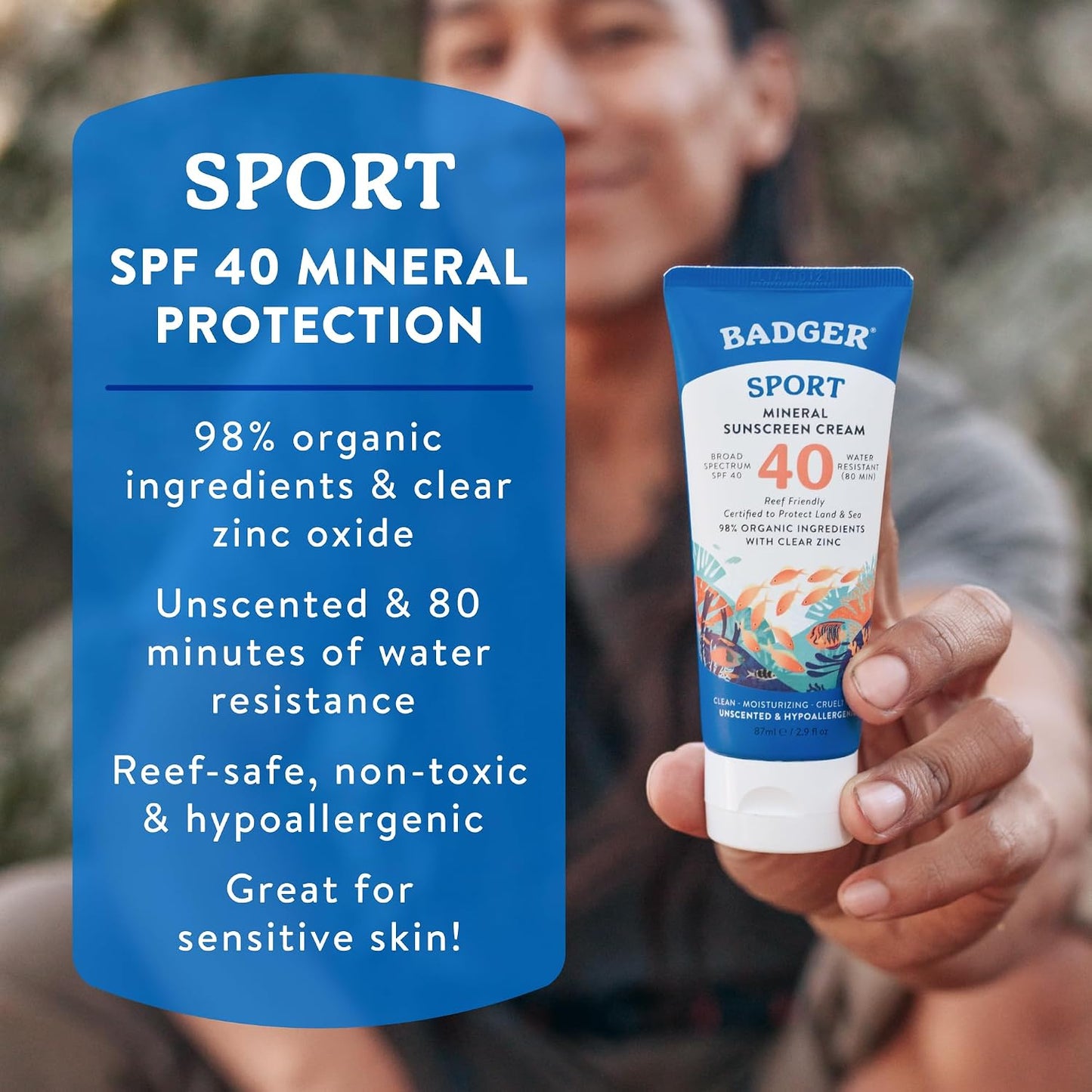 Badger Reef Safe Sunscreen, Unscented SPF 40 Sport Mineral Sunscreen -  2.9 fl oz
