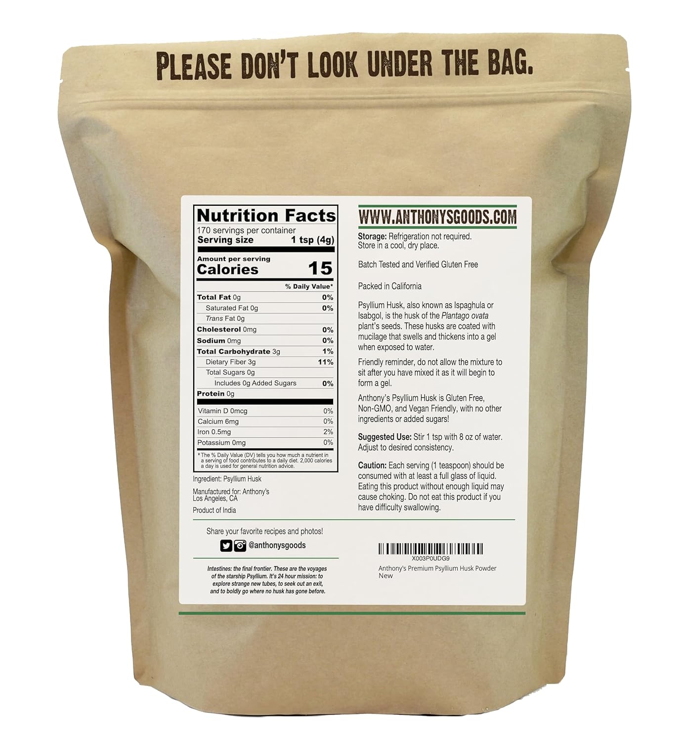 Anthony's Organic Psyllium Husk Powder, 1.5 lb