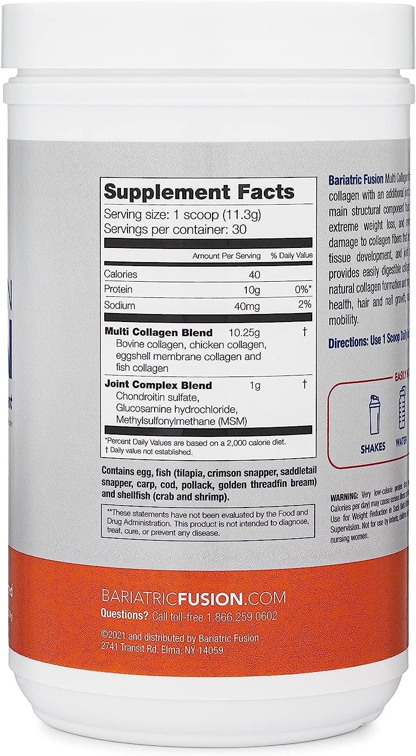 Bariatric Fusion Unflavored Multi Collagen Protein Powder | Plus Joint Support Complex of MSM and Glucosamine | Dairy, Gluten & Soy Free | Non-GMO | 30 Servings