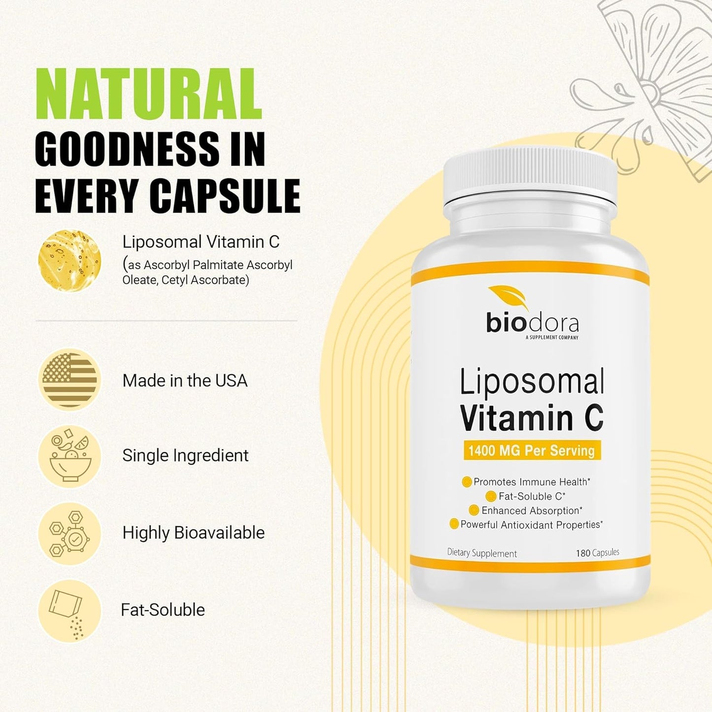 Biodora Liposomal Vitamin C, Healthy Immune System,180 Capsules