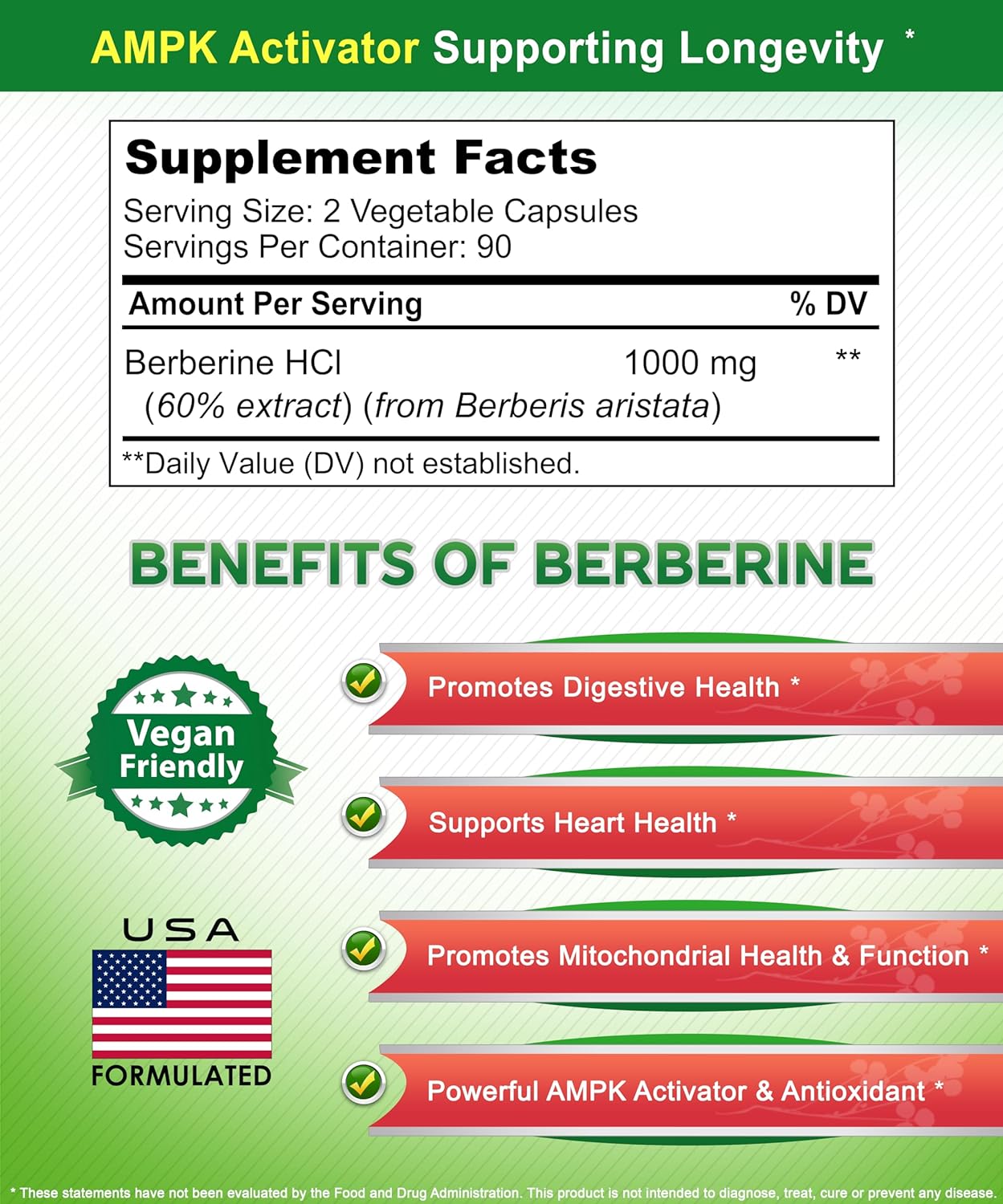 aSquared Nutrition Pure Berberine 1000mg Supplement - 180 Veggie Capsules