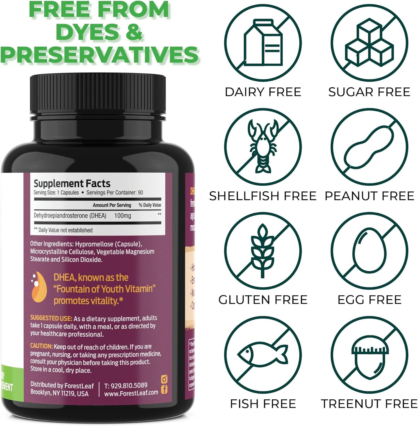Forest Leaf - DHEA 100mg Daily Hormone Supplement for Women & Men 90 Capsules