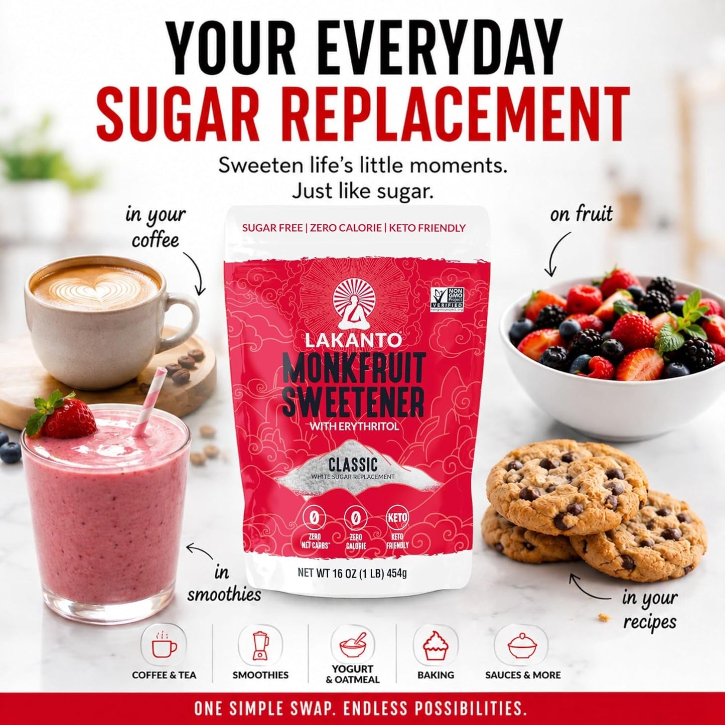 Lakanto Monk Fruit Sweetener With Erythritol - 1 LB Bag