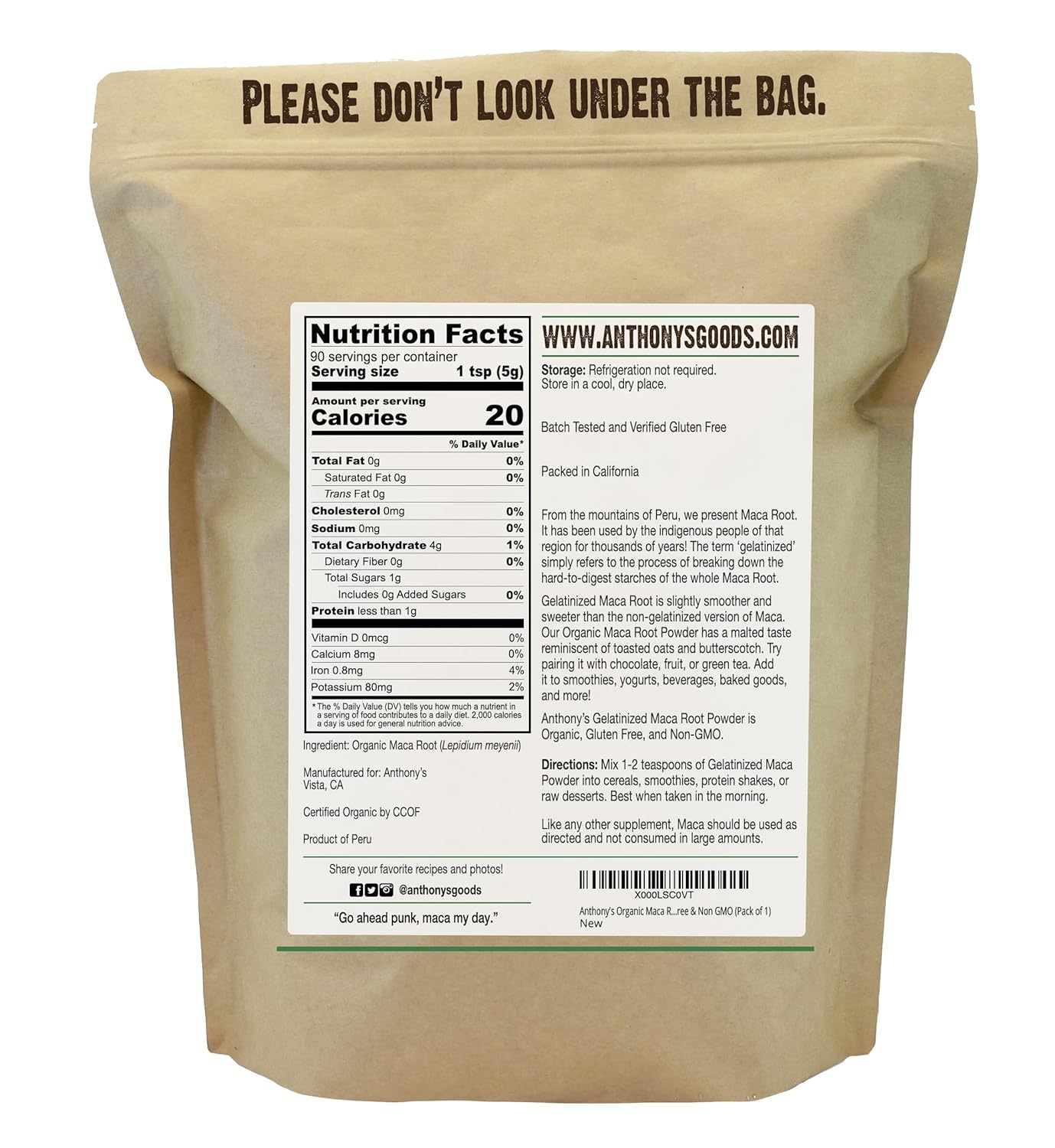 Anthony's Organic Maca Root Powder, 1 lb