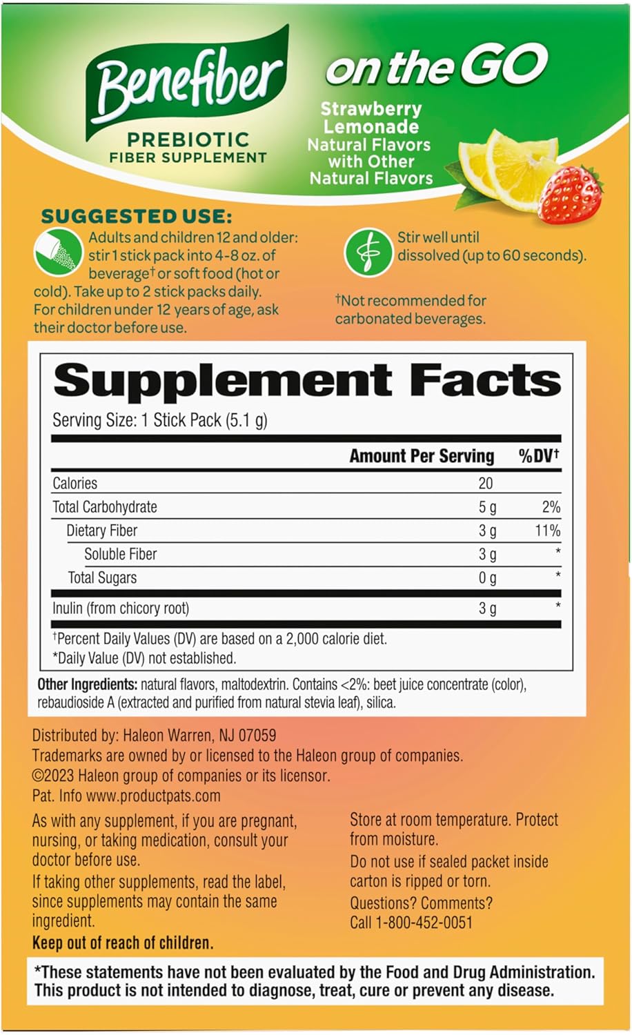 Benefiber Fiber Supplement, Strawberry Lemonade, On The Go Stick Packs  - 36 Count