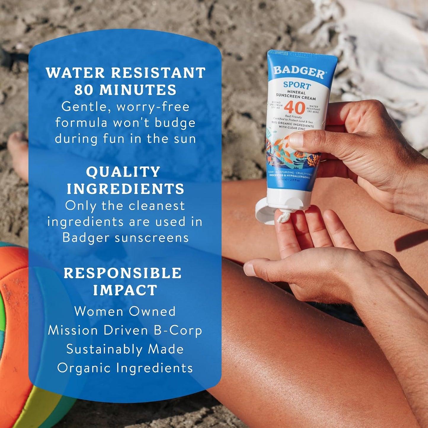 Badger Reef Safe Sunscreen, Unscented SPF 40 Sport Mineral Sunscreen -  2.9 fl oz