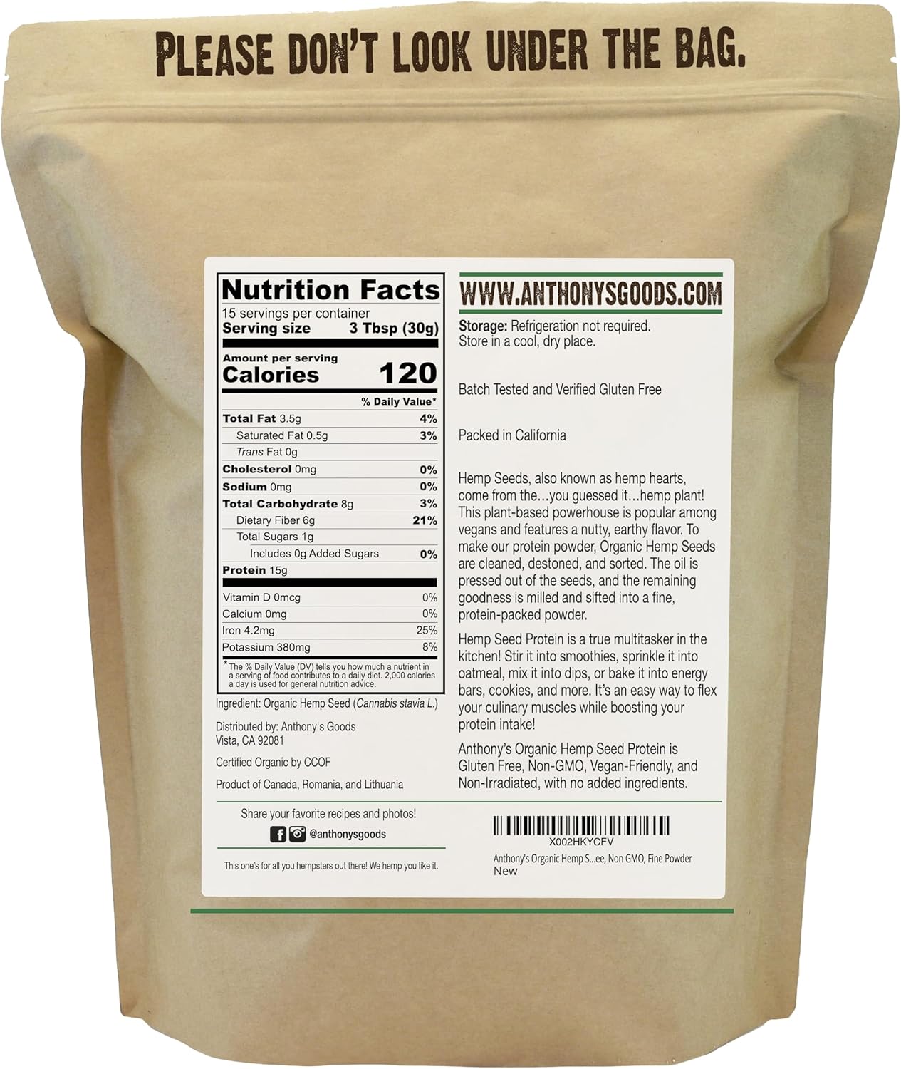 Anthony's Organic Hemp Seed Protein, 1 lb