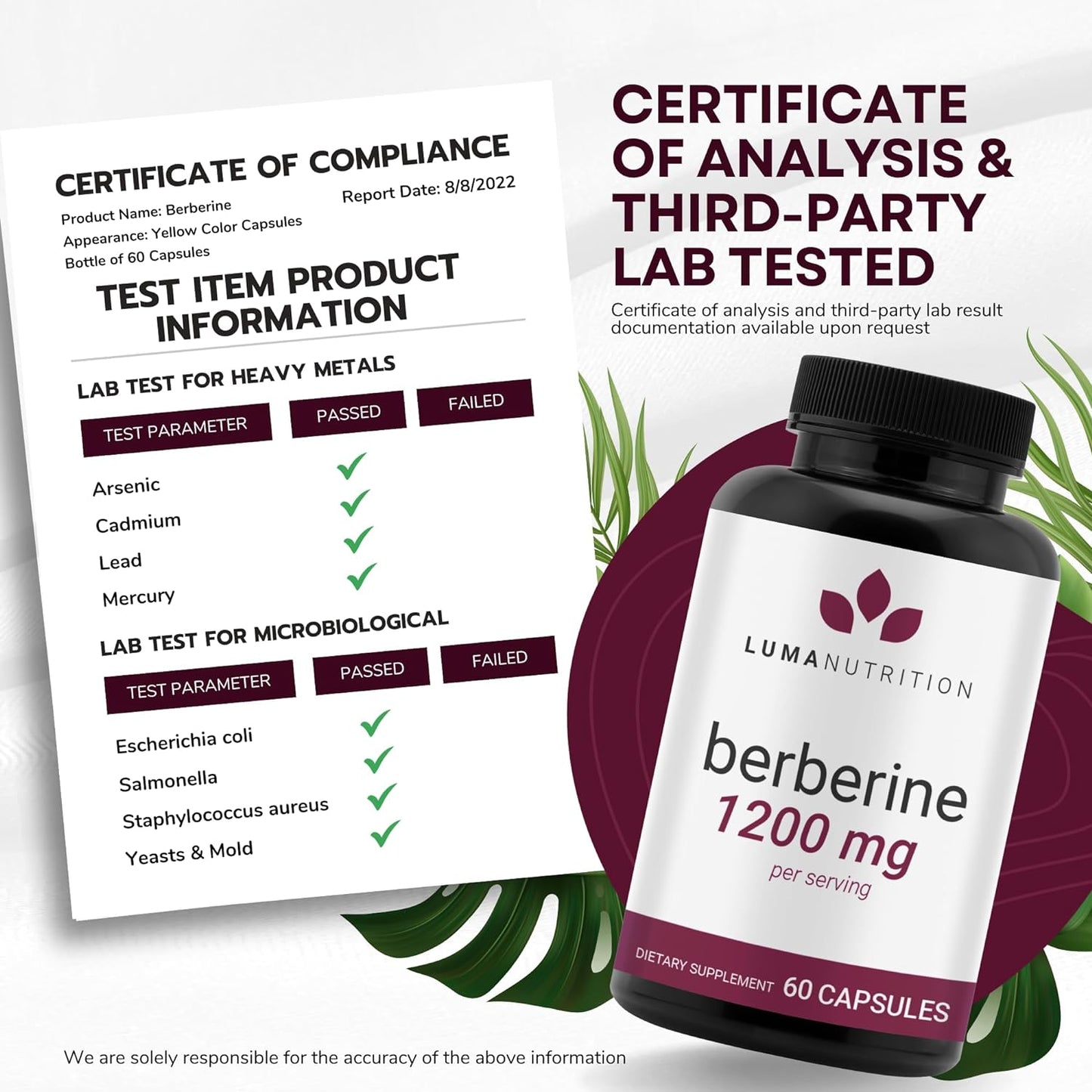 Berberine Supplement - Berberine 1200mg Per Serving - 60 capules