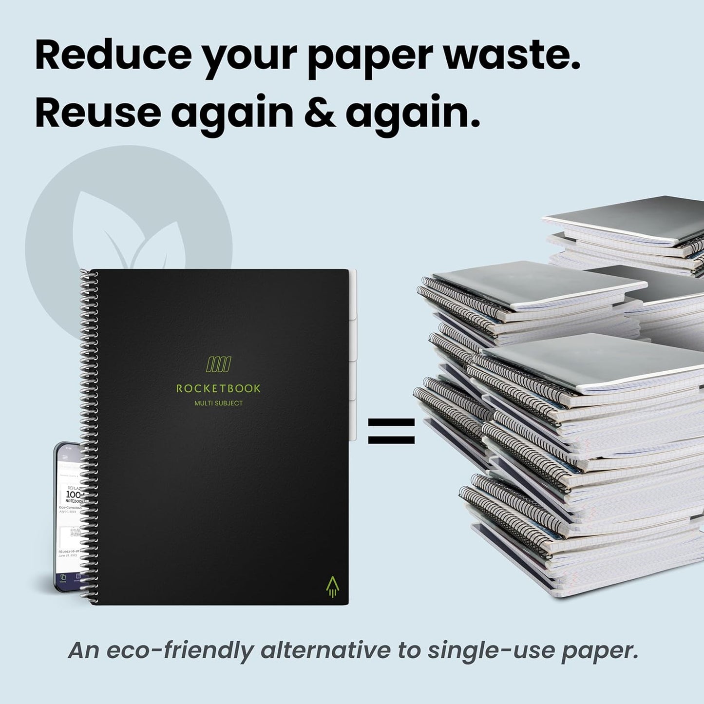 Rocketbook Multi-Subject Reusable Smart Notebook Lined, 8.5” x 11”, 70 PG, Black, with Pen, Cloth, and App Included