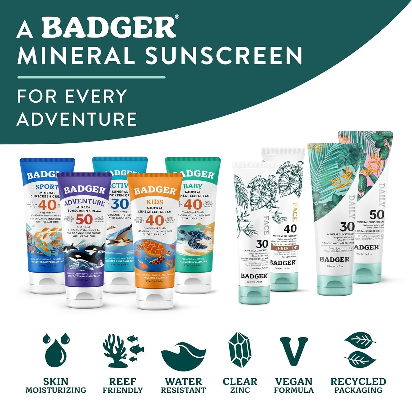 Badger SPF 50 Daily Mineral Sunscreen with Zinc Oxide, 85% Organic - 4 fl oz