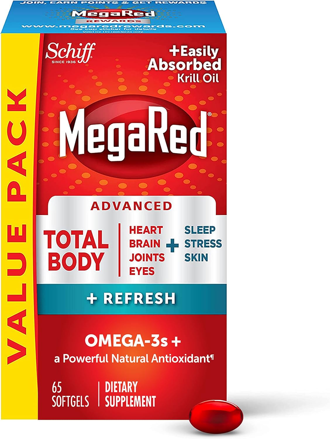 Megared Omega-3 Blend Total Body + Refresh 500mg Softgels, (65 Count in a Bottle)