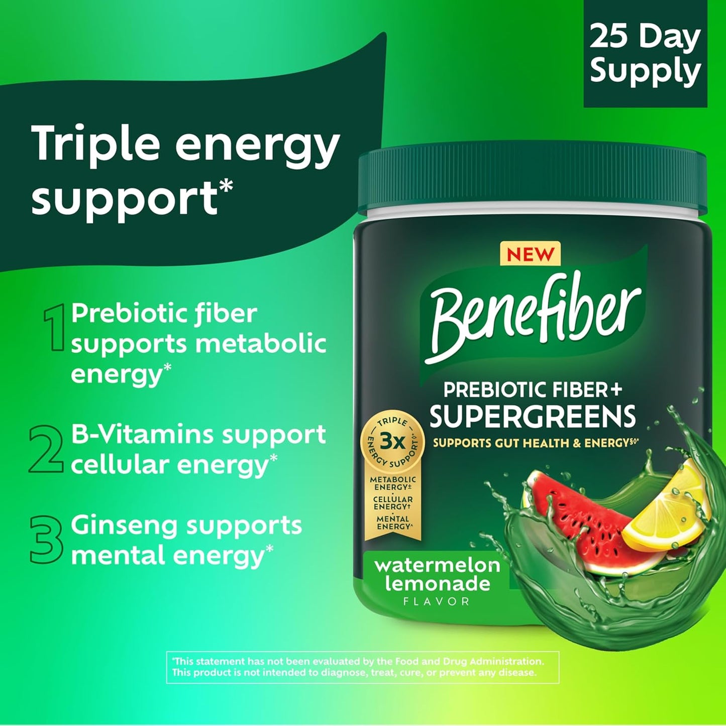 Benefiber Prebiotic Fiber + Supergreens  Watermelon Lemonade Flavor, 8.8 oz
