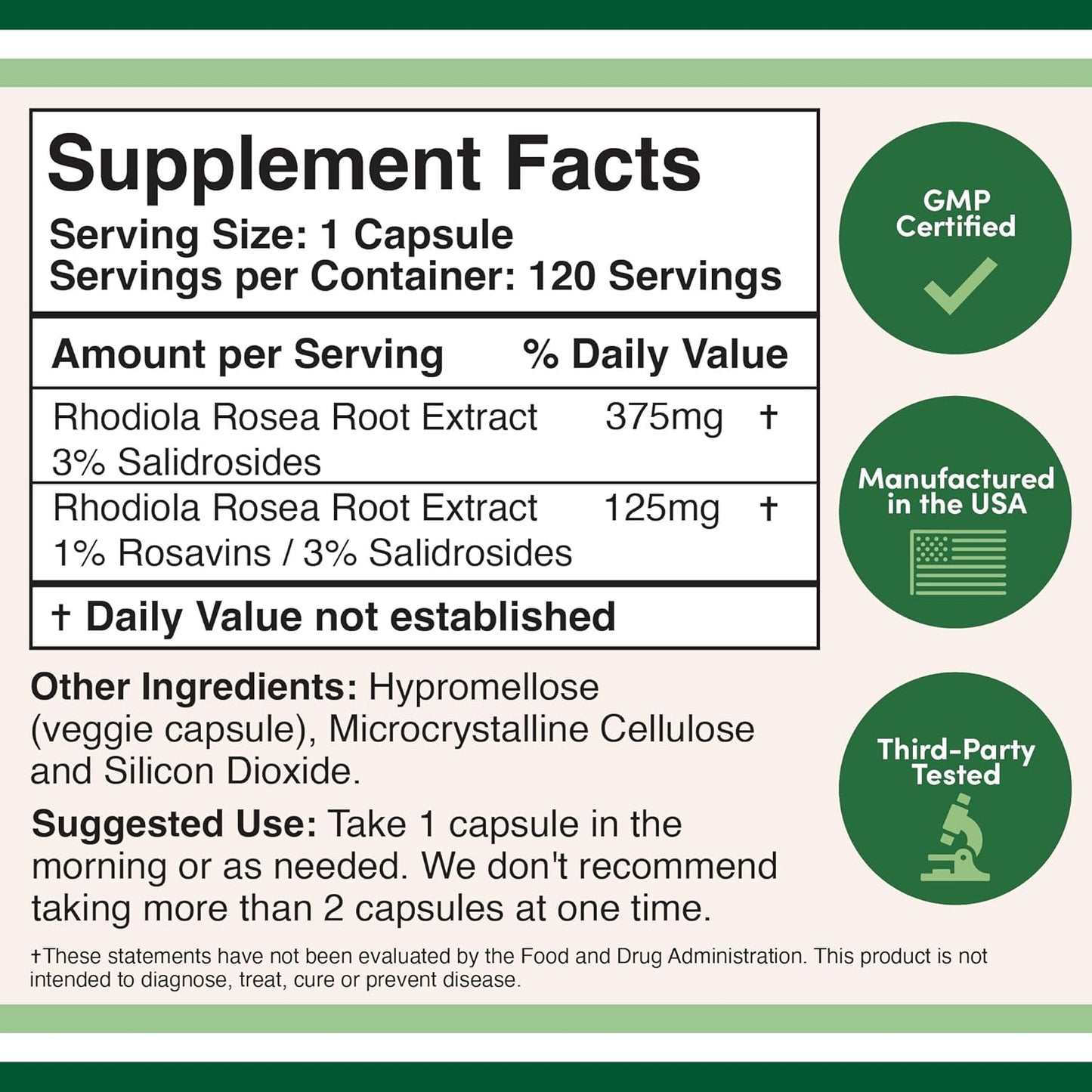 Rhodiola Rosea Supplement 500mg, 120 Vegan Capsules