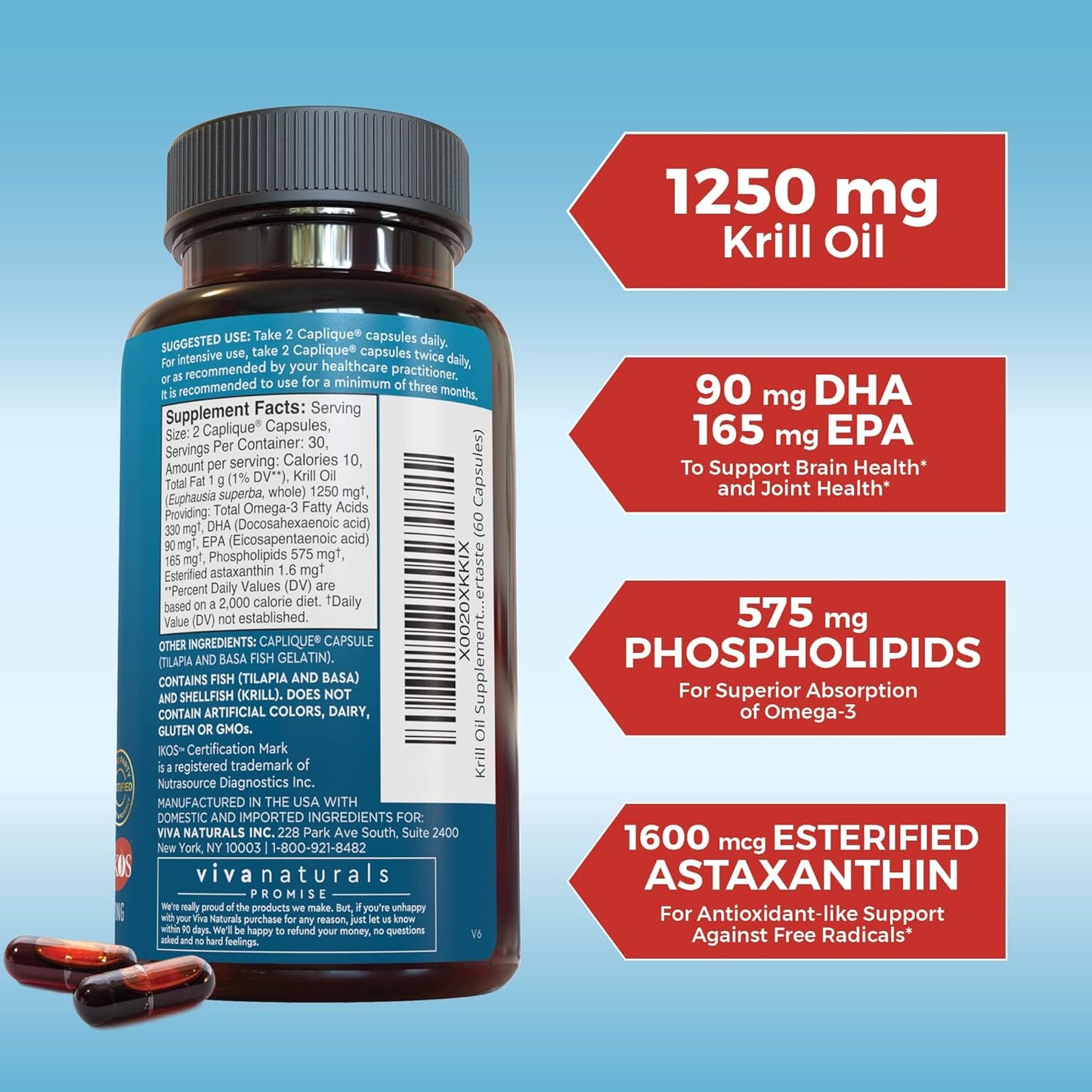 Antarctic Krill Oil Omega 3 Fatty Acid Supplements 1250 mg, 60 count