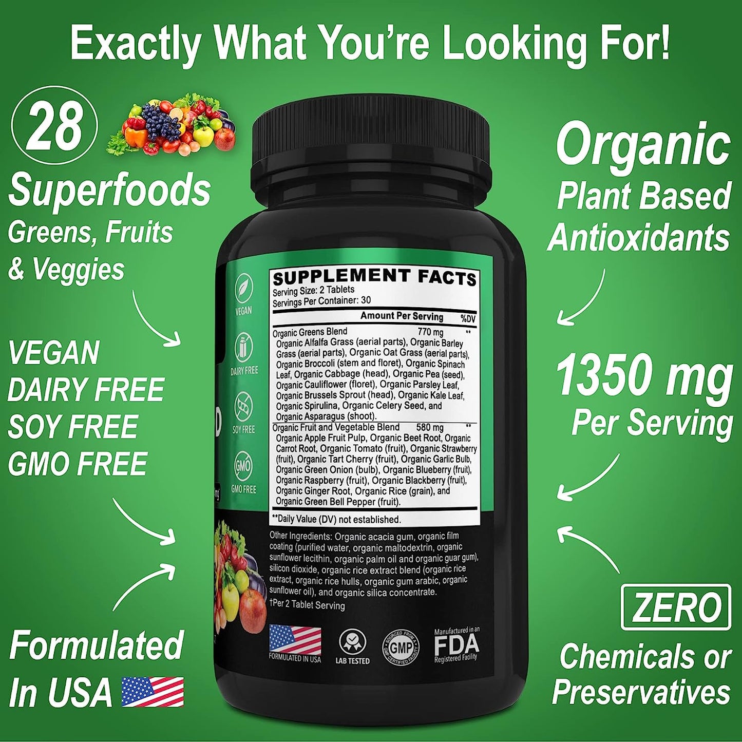 Organic Superfood Greens & Fruit Supplements - 60 tablets
