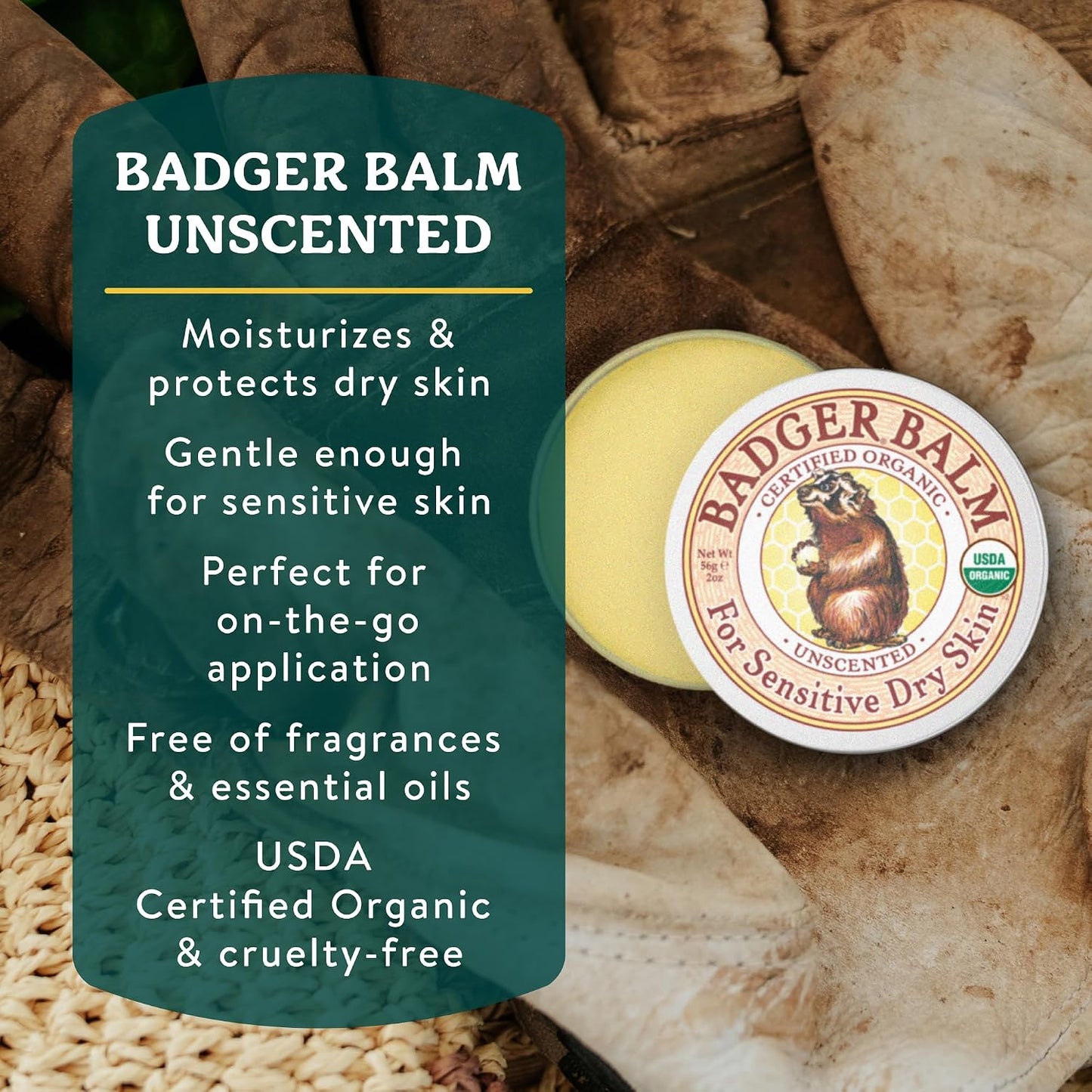 Badger Balm Unscented, 100% Organic Olive Oil & Beeswax - 2 oz Tin