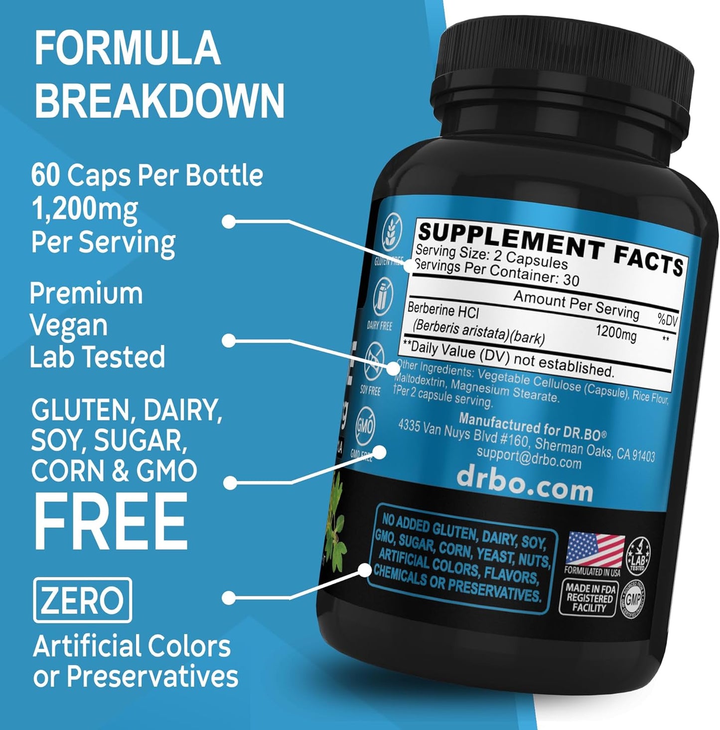 Berberine Supplement Capsules - 1200mg Berberine HCL Supplement 60 count