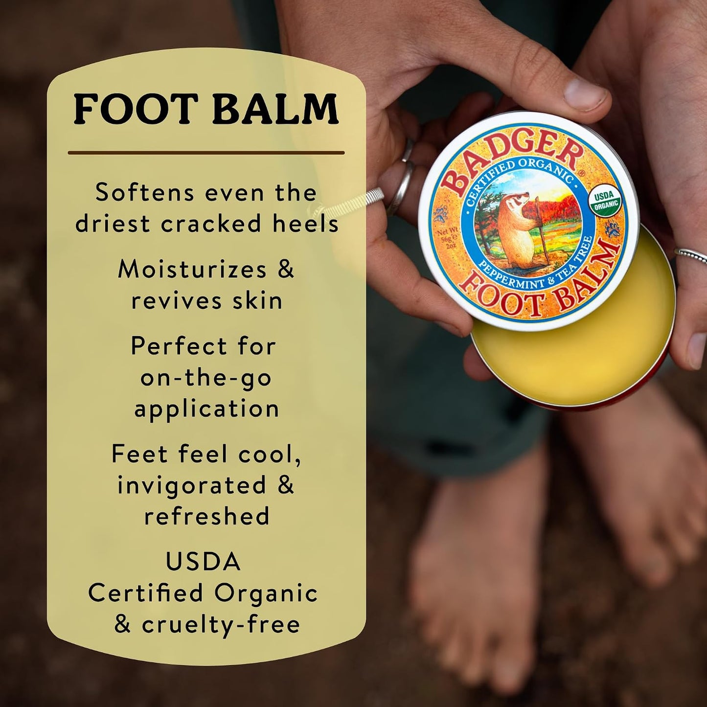 Badger Foot Balm, 100% Organic Foot Cream - 2 oz Tin, 2-Pack