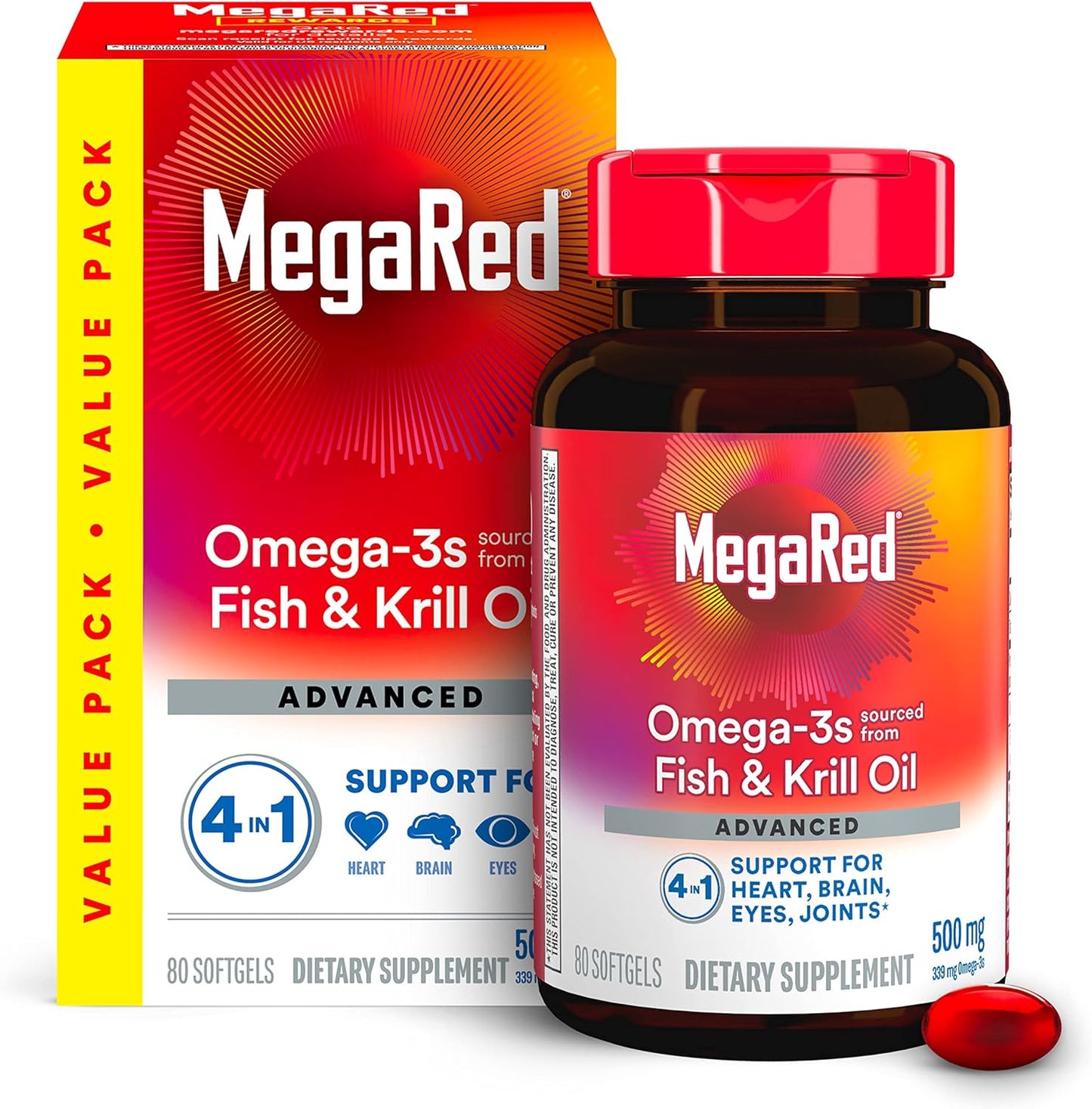 Megared Omega 3 Fish Oil & Antarctic Krill Oil Softgels for Brain, Heart, Joints & Eye Support, (80 Count Bottle)