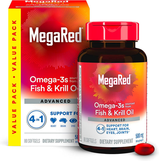 Megared Omega 3 Fish Oil & Antarctic Krill Oil Softgels for Brain, Heart, Joints & Eye Support, (80 Count Bottle)