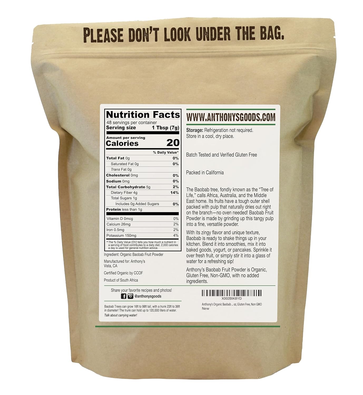 Anthony's Organic Baobab Fruit Powder, 12 oz