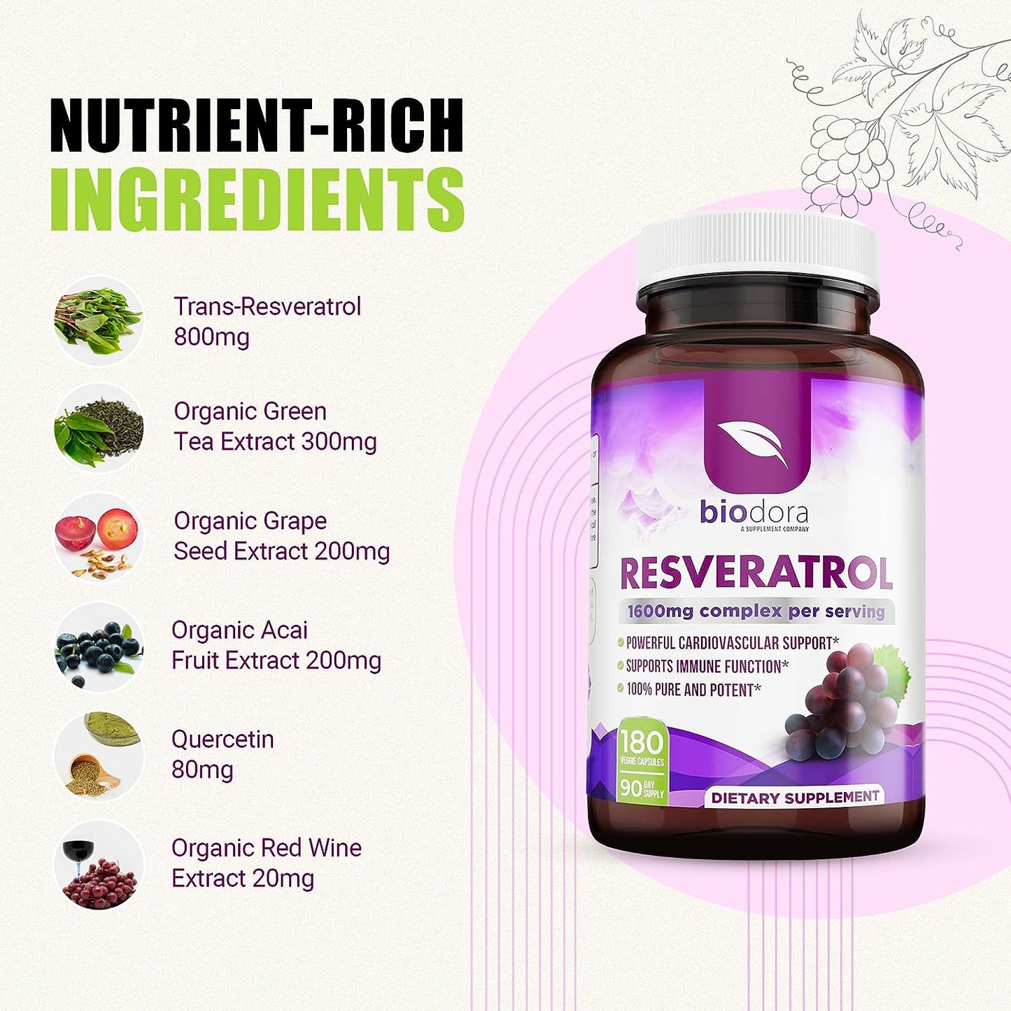 Biodora Resveratrol 1600mg, Trans-Resveratrol Antioxidant  180 Capsules
