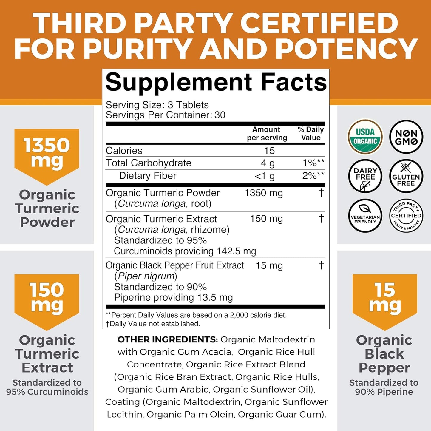 Organic Turmeric Supplement - 1500 mg Turmeric Pills For Joint Support and Cellular Defense 90 count