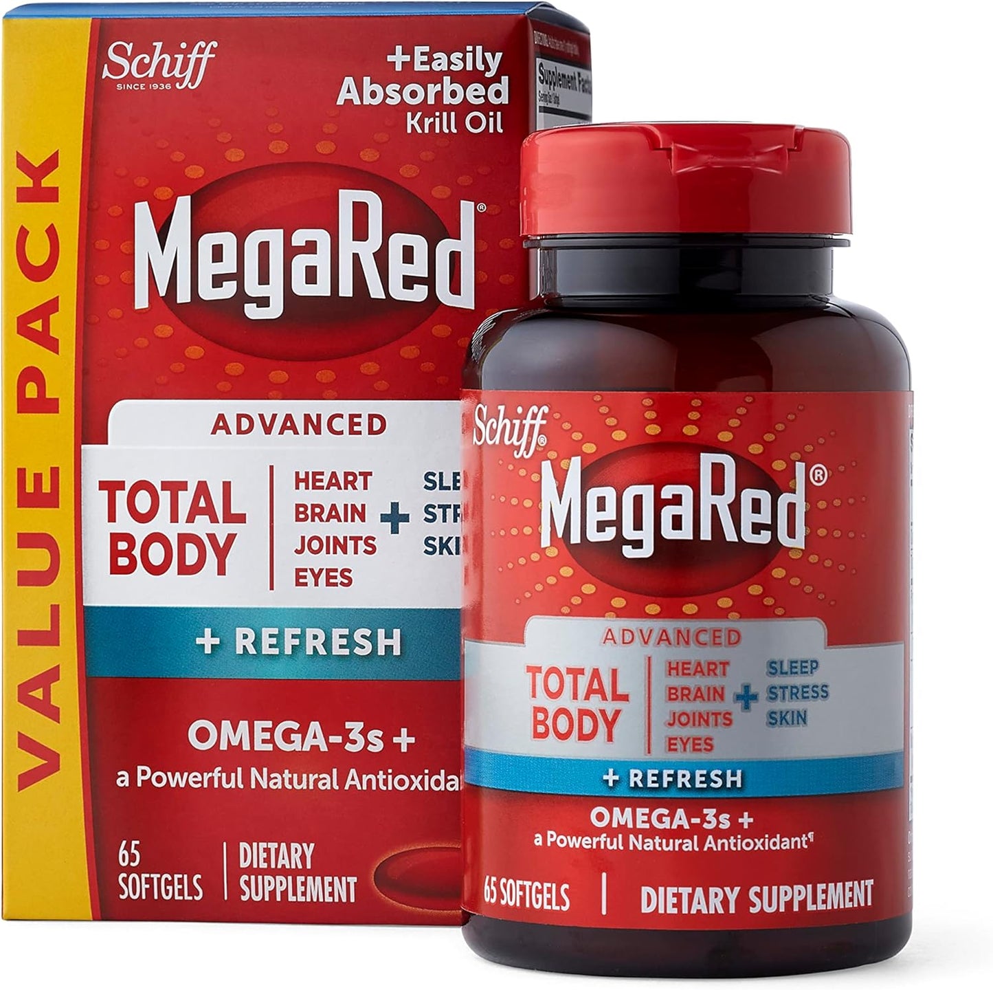 Megared Omega-3 Blend Total Body + Refresh 500mg Softgels, (65 Count in a Bottle)