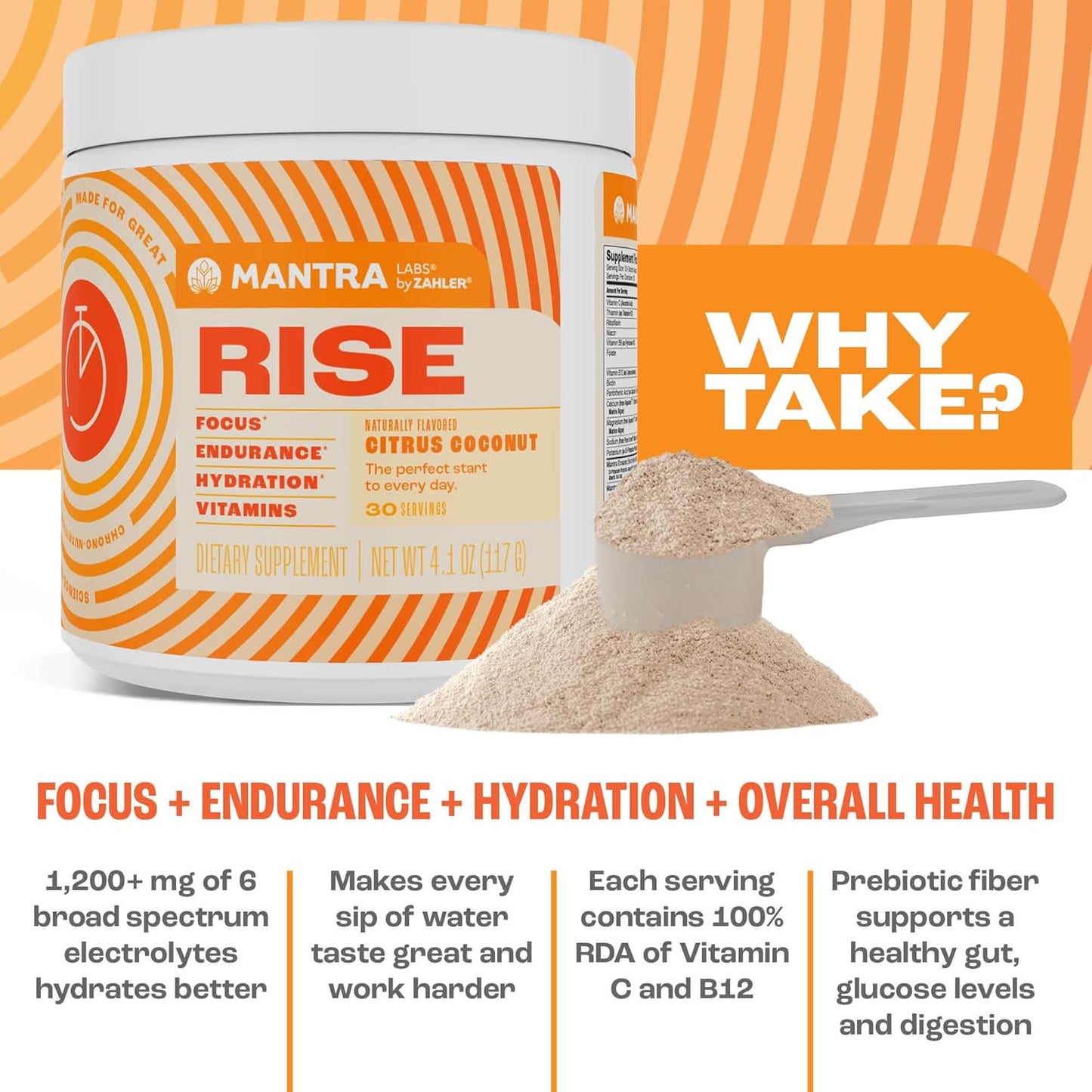 Zahler Mantra Rise, The Energy and Focus Supplement, Citrus Coconut Flavored, 30 Servings