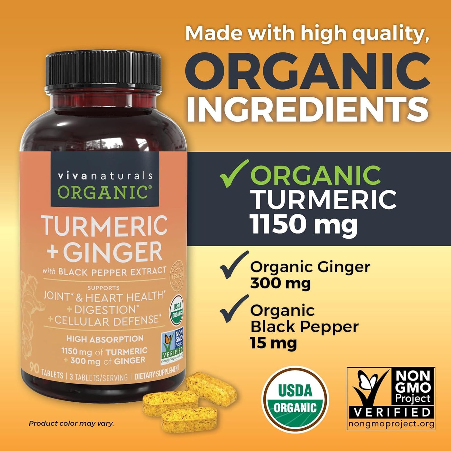 Organic Turmeric and Ginger Supplement for Joint Support & Heart Health 90 count