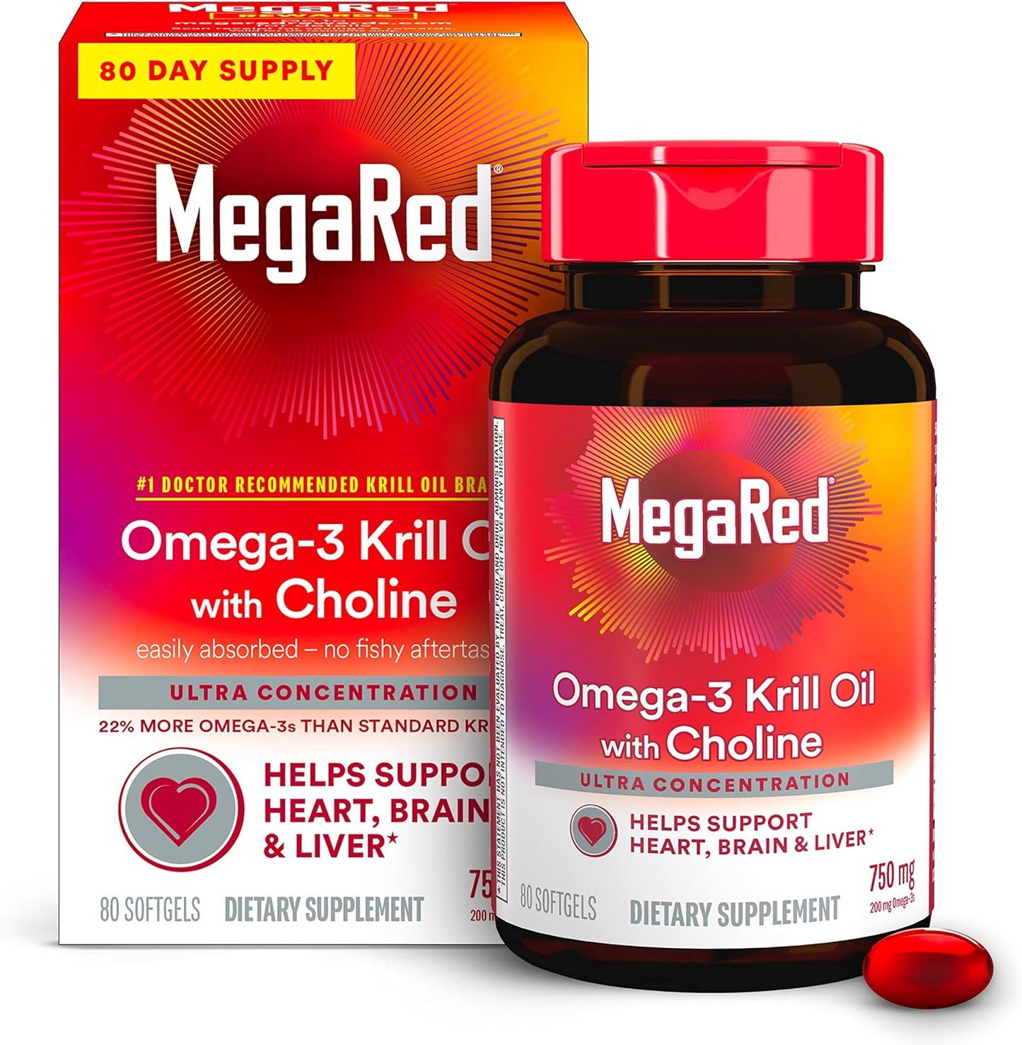 MegaRed Krill Oil 750mg Omega 3 Supplement with Choline,80 softgels
