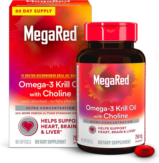 MegaRed Krill Oil 750mg Omega 3 Supplement with Choline,80 softgels