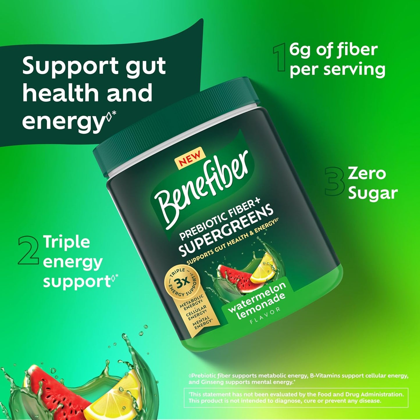 Benefiber Prebiotic Fiber + Supergreens  Watermelon Lemonade Flavor, 8.8 oz