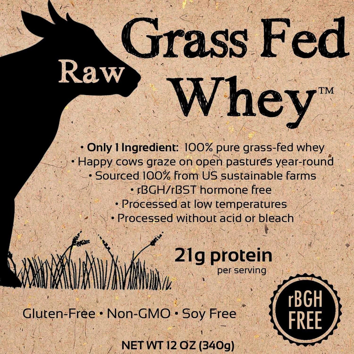 Raw Grass Fed Whey - Happy Healthy Cows, COLD PROCESSED Undenatured 12 OZ