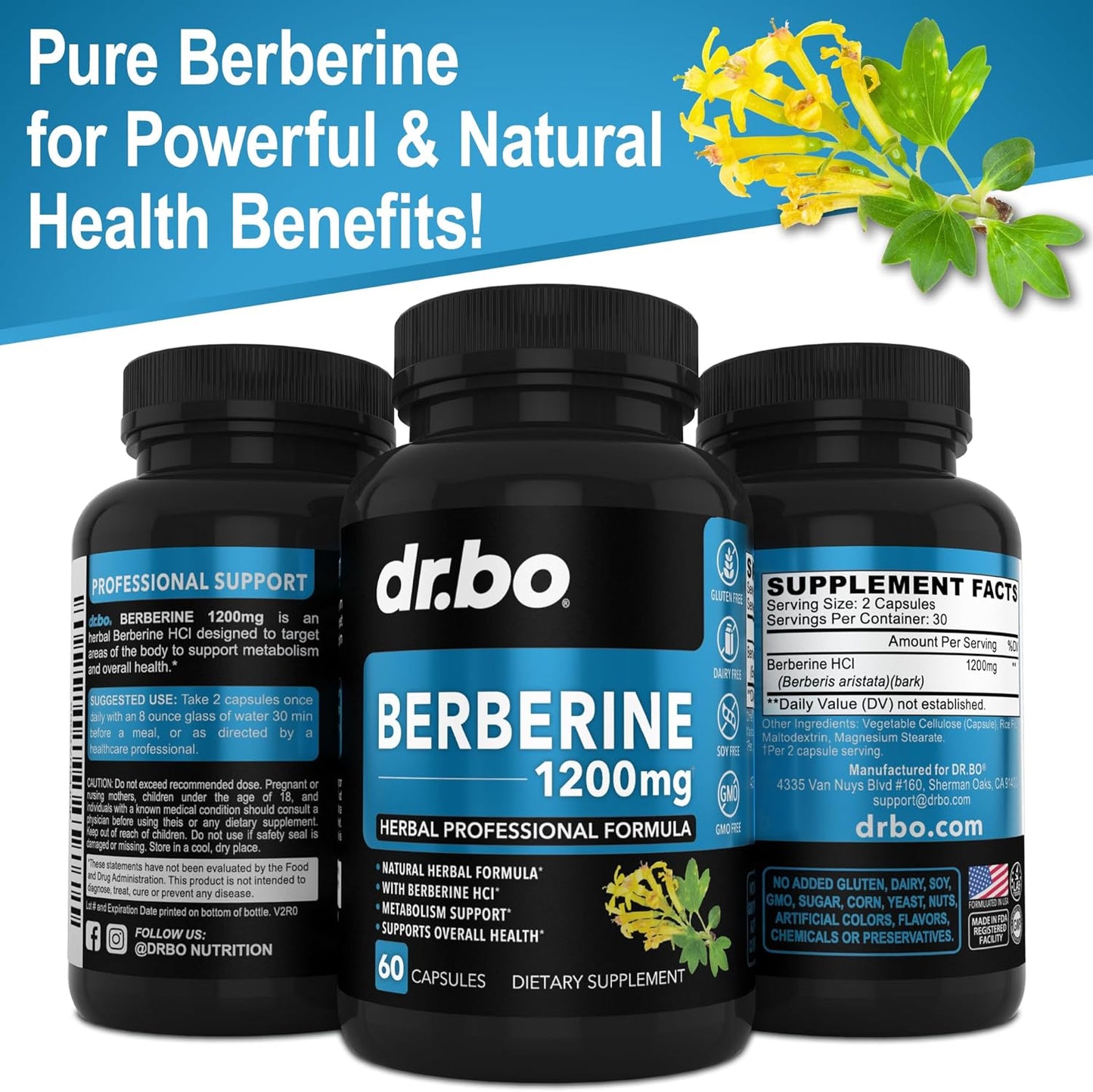 Berberine Supplement Capsules - 1200mg Berberine HCL Supplement 60 count