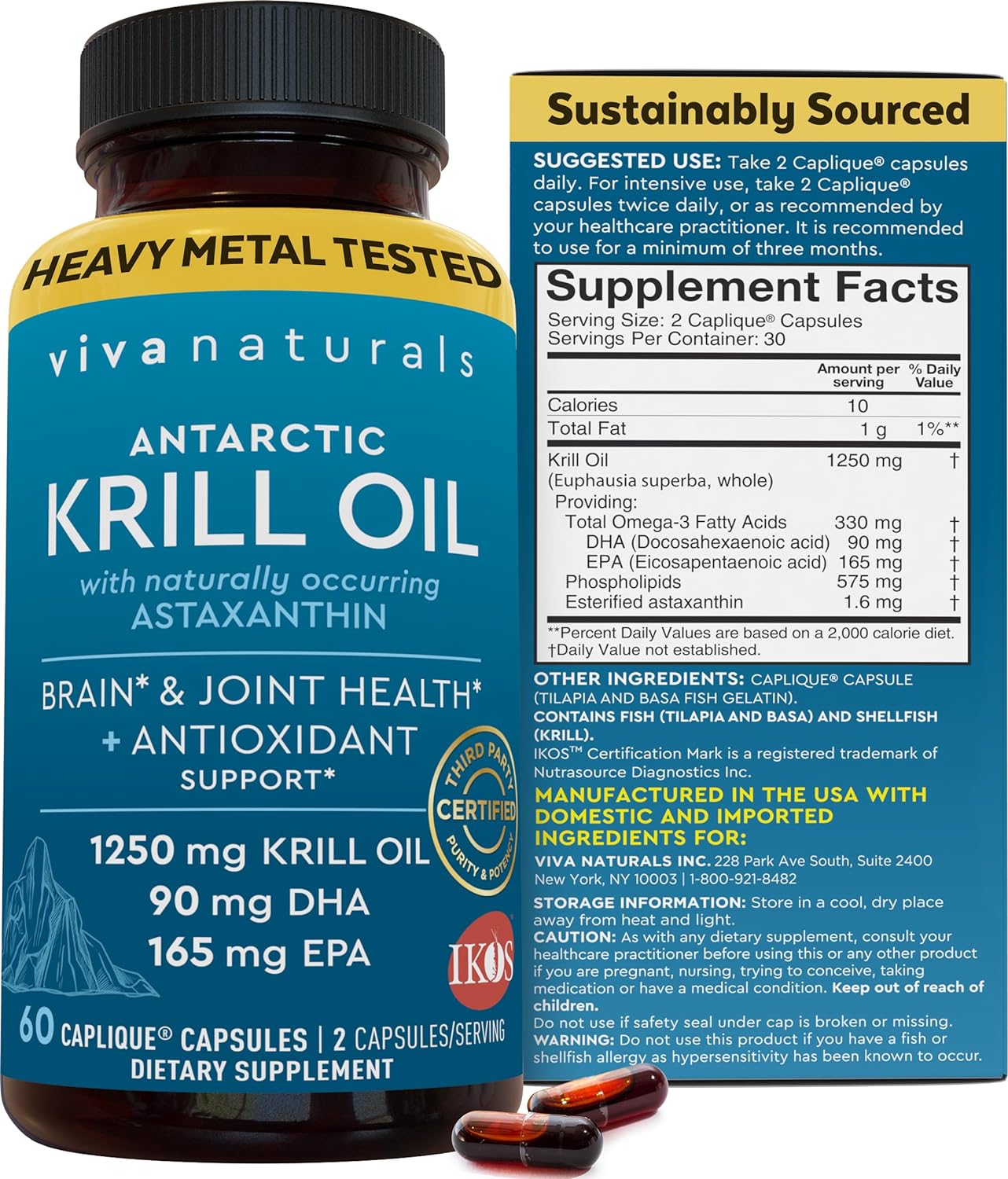 Antarctic Krill Oil Omega 3 Fatty Acid Supplements 1250 mg, 60 count
