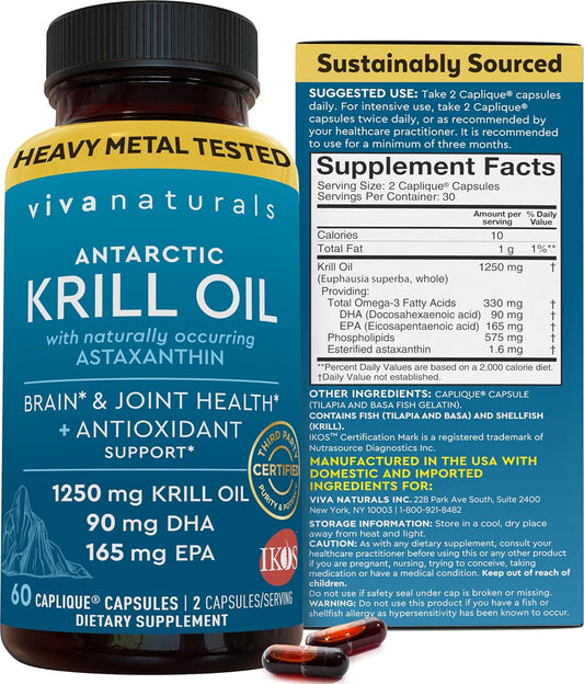 Antarctic Krill Oil Omega 3 Fatty Acid Supplements 1250 mg, 60 count