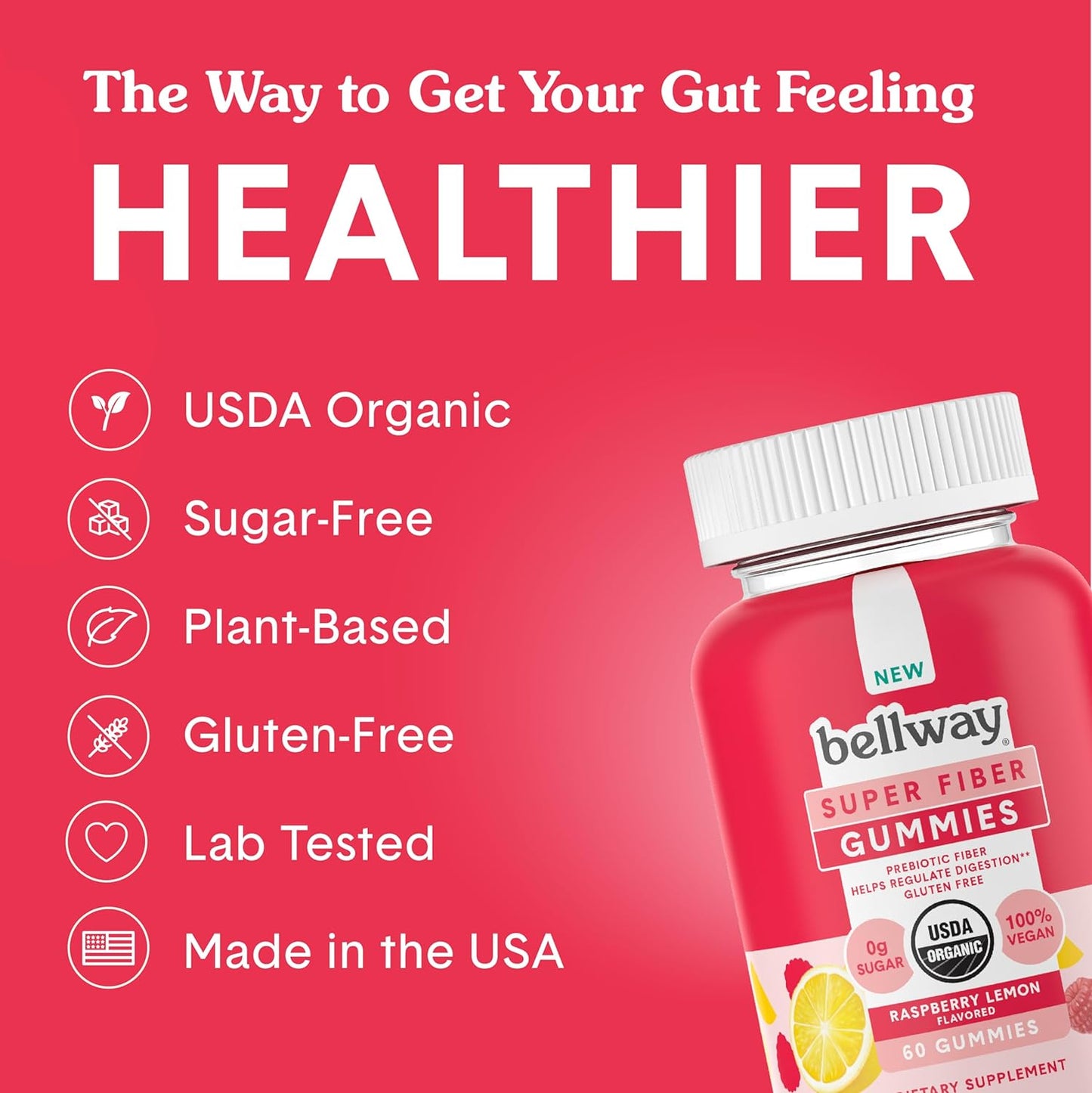 Bellway Super Fiber Gummies for Adults - Sugar Free Organic Fiber 60 Count