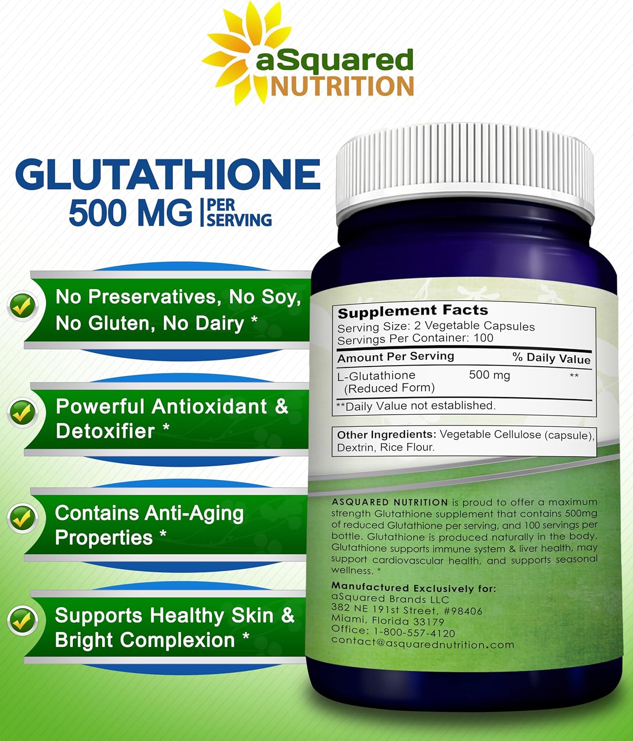 aSquared Nutrition Reduced Glutathione 500mg  Supplement -200 Capsules