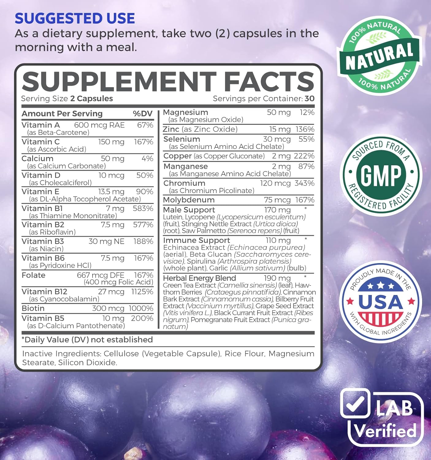 Multivitamin for Men  Daily Mens Vitamins & Multimineral Plus Energy Boost,- 60 Capsules