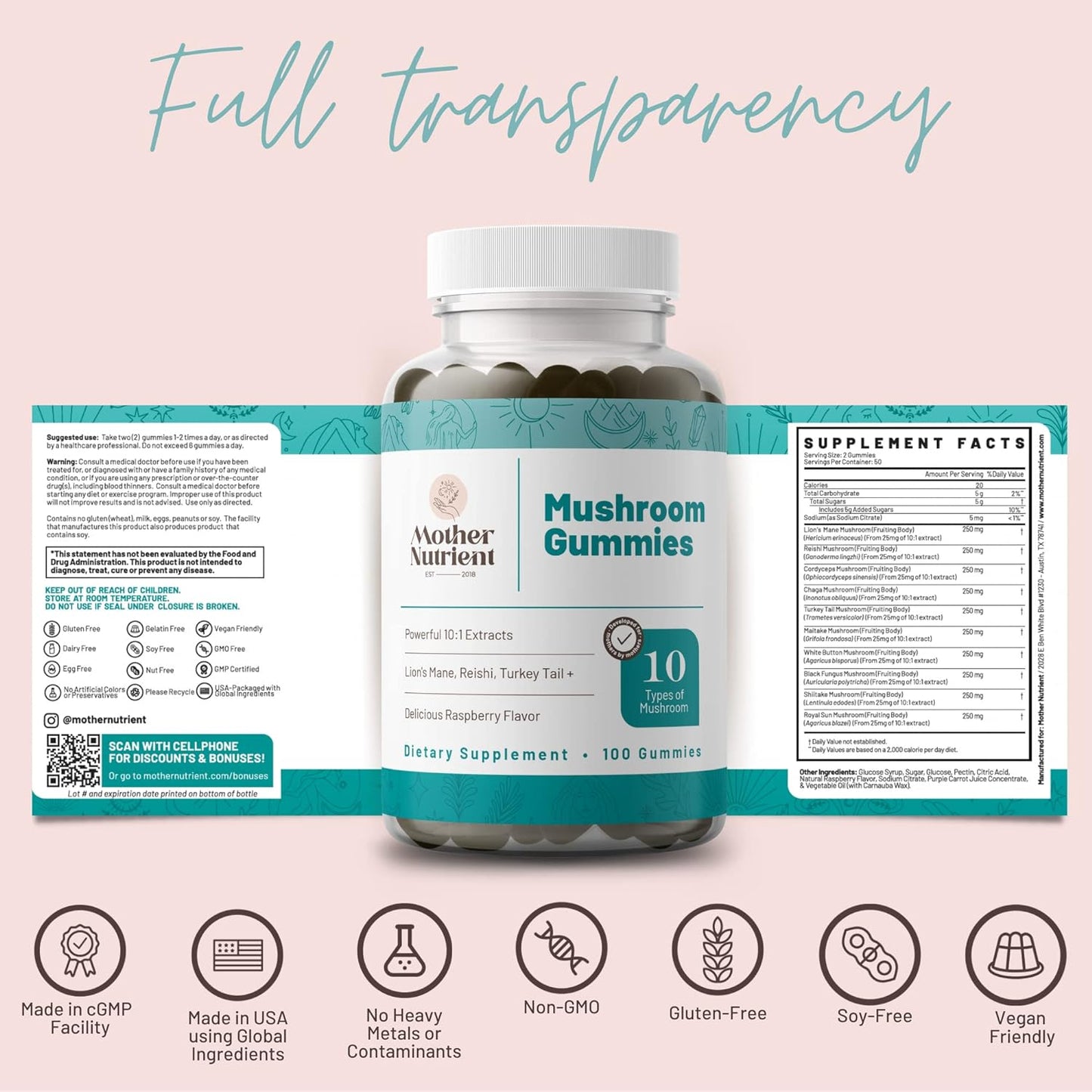 Mushroom Supplement Gummies- Pure Extract Mushrooms -100 gummies