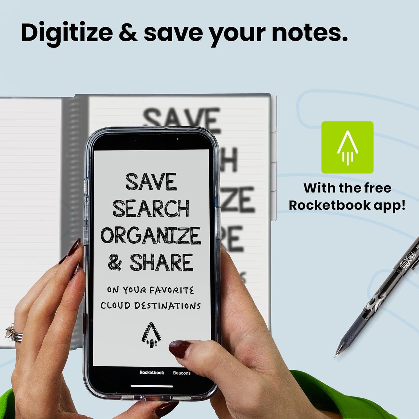 Rocketbook Multi-Subject Reusable Smart Notebook Lined, 8.5” x 11”, 70 PG, Black, with Pen, Cloth, and App Included