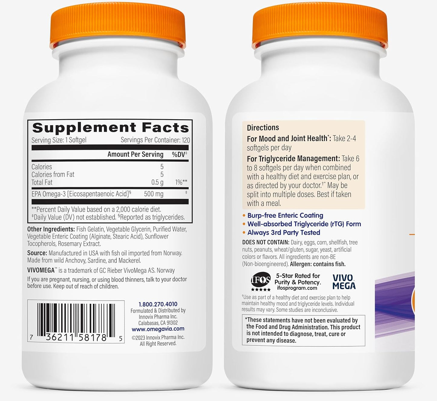 OmegaVia EPA 500 Omega-3 Fish Oil, 120 softgels