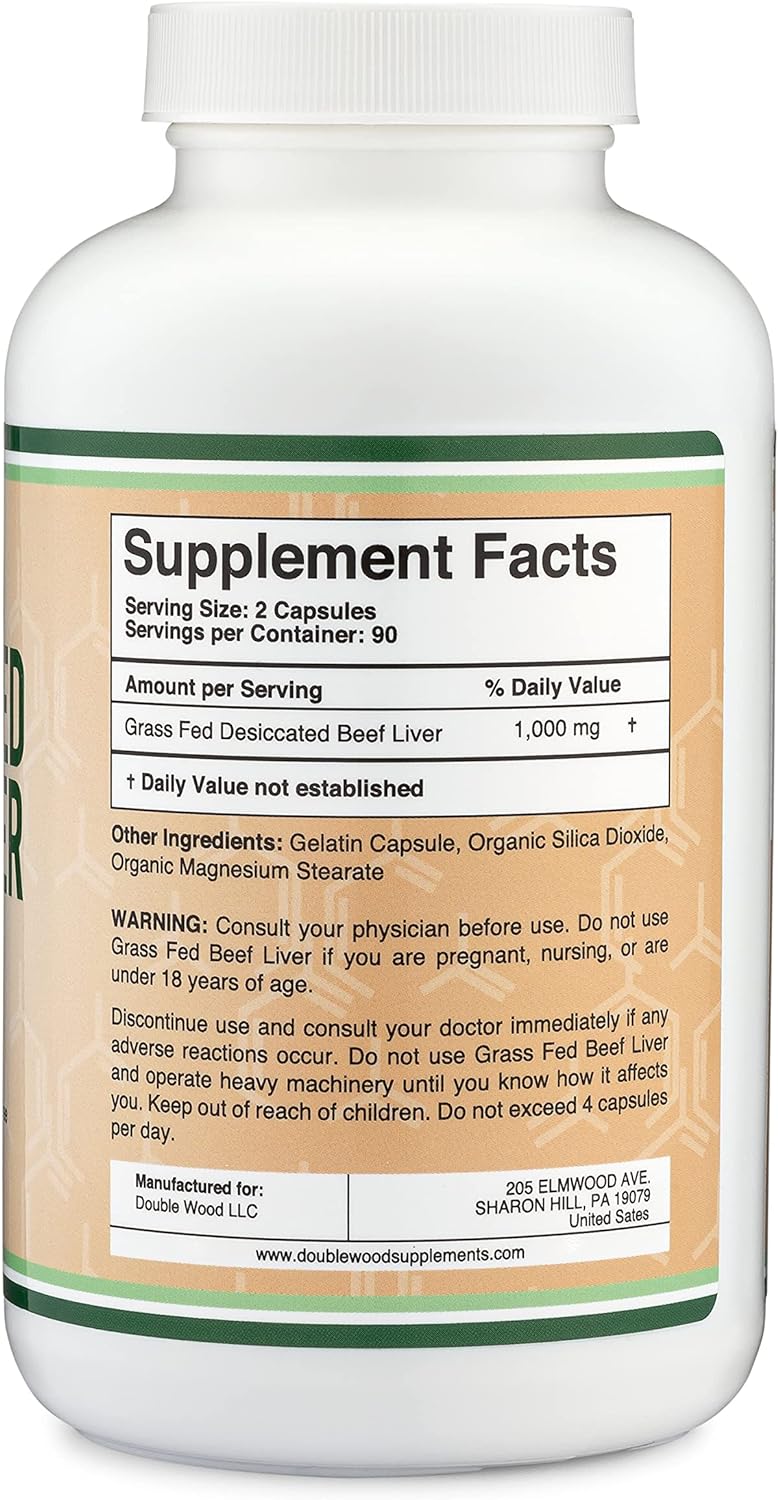 Beef Liver  of Grass Fed, Desiccated Beef Liver per Serving, 180 Capsules